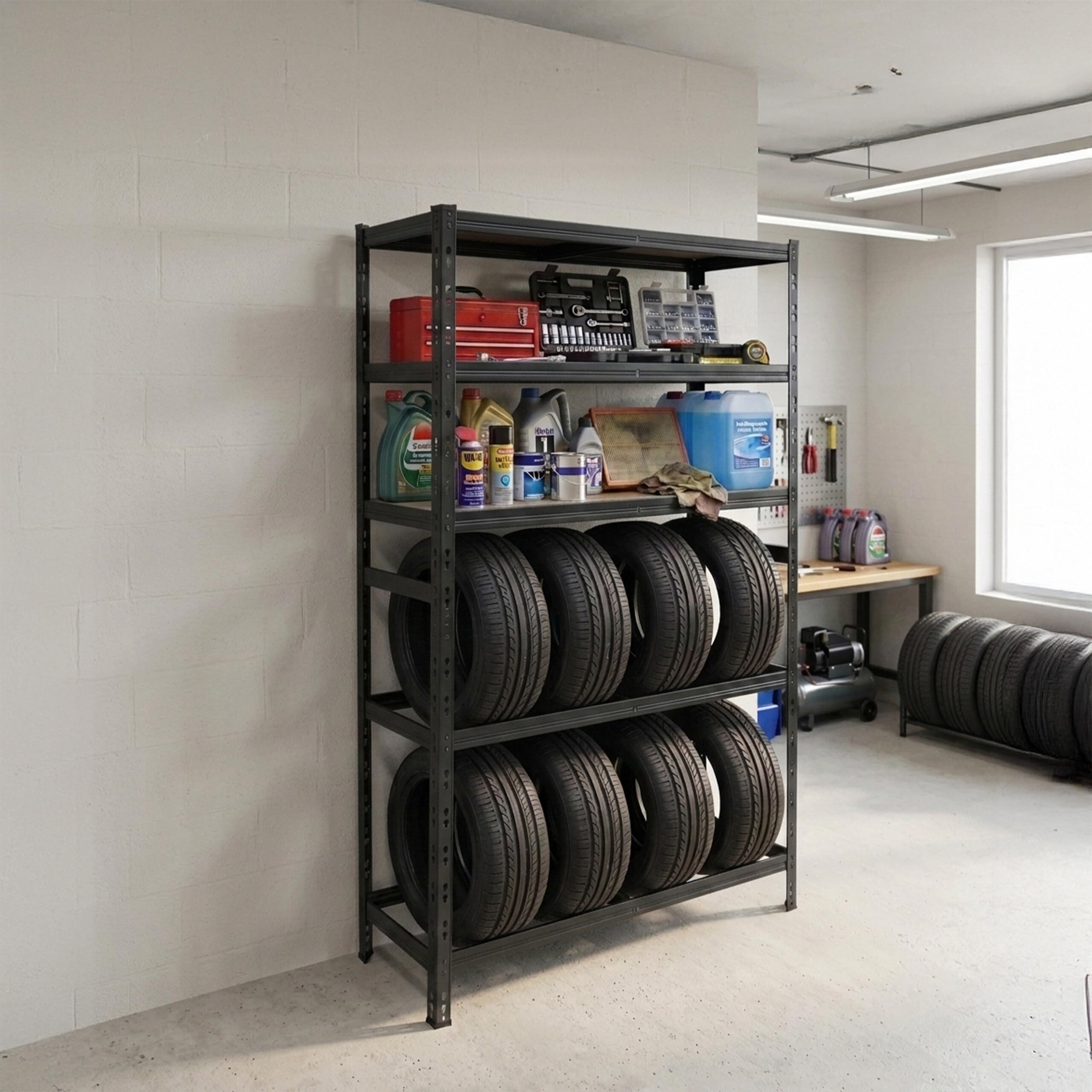 Relaxdays Étagère pour 8 pneus, HxLxP 210x110x40 cm, 750 kg, Acier, Montage emboîtable, Atelier, Noir