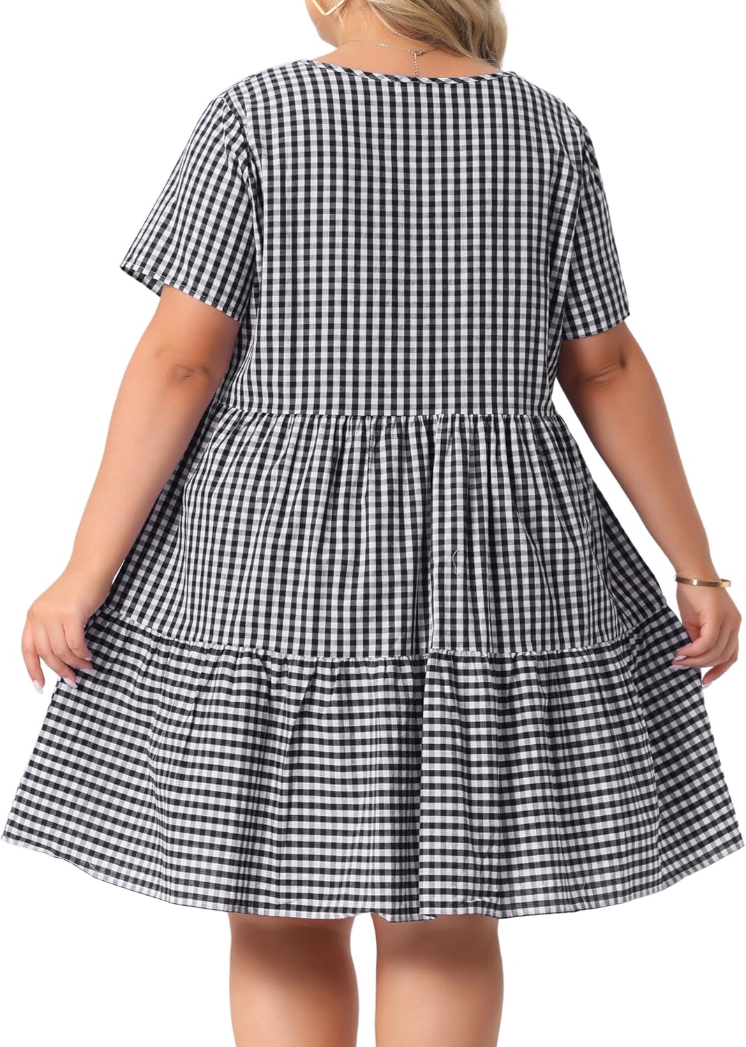 Agnes Orinda Plus Size Gingham Dresses 1950s Vintage Plaid Round Neck Short Sleeve Tiered Midi Summer Dress - Image 4