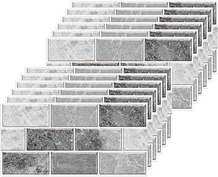 24 Sheets Grey Tile Stickers, Peel and Stick Vinyl Backsplash Tiles