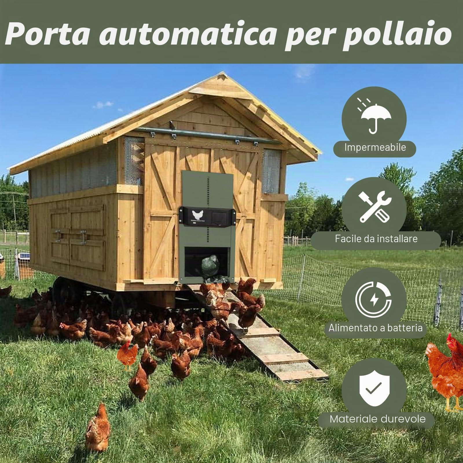 Porta Automatica per Pollaio Con Sensore di Luce, Sportello Elettrico Alimentato a Batteria, Impermeabile - Verde