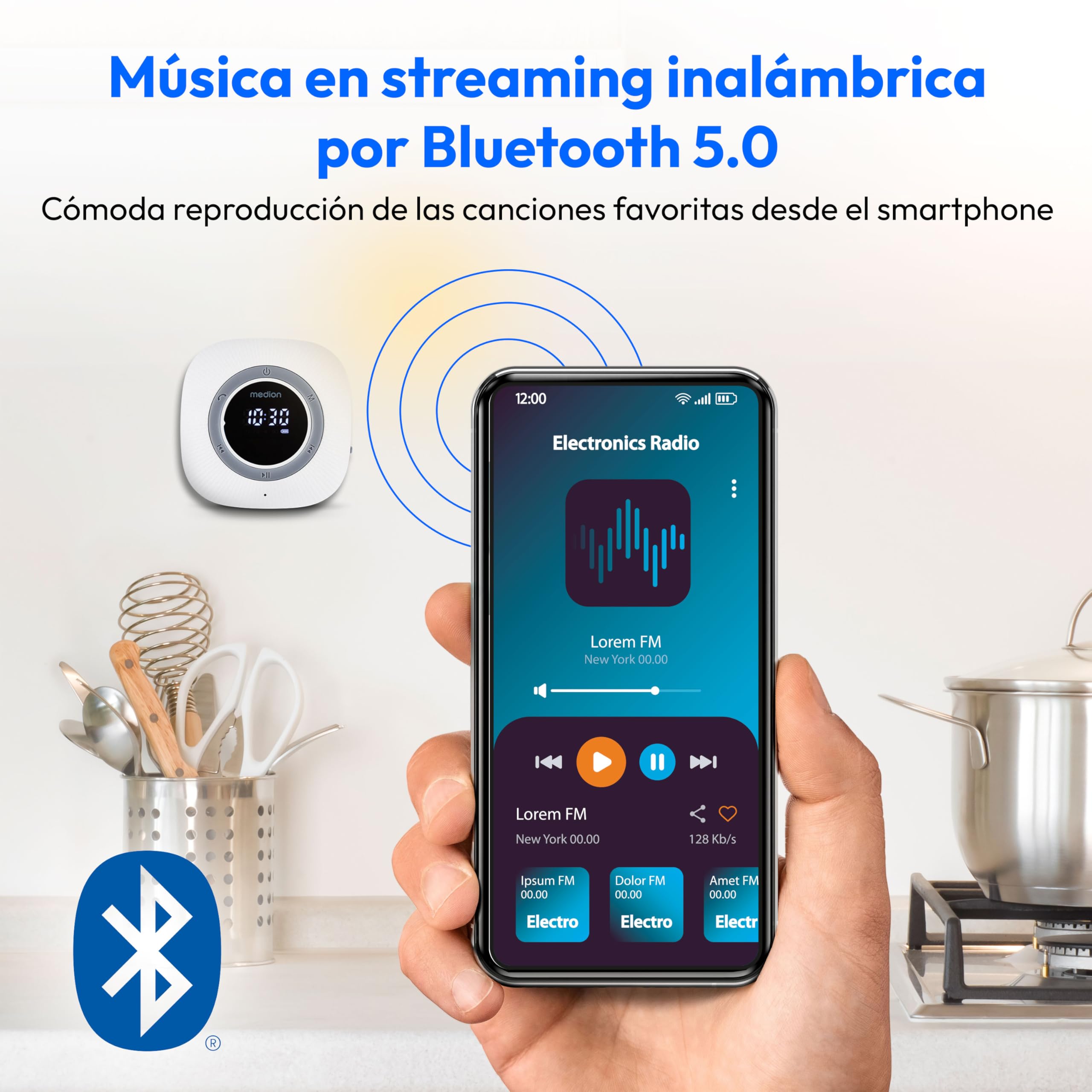 MEDION P66096 Radio de Ducha con Bluetooth (Radio de baño, Radio FM, Ventosa, Pantalla LED, Impermeable IPX6, batería Recargable integrada, MD43884) Blanco