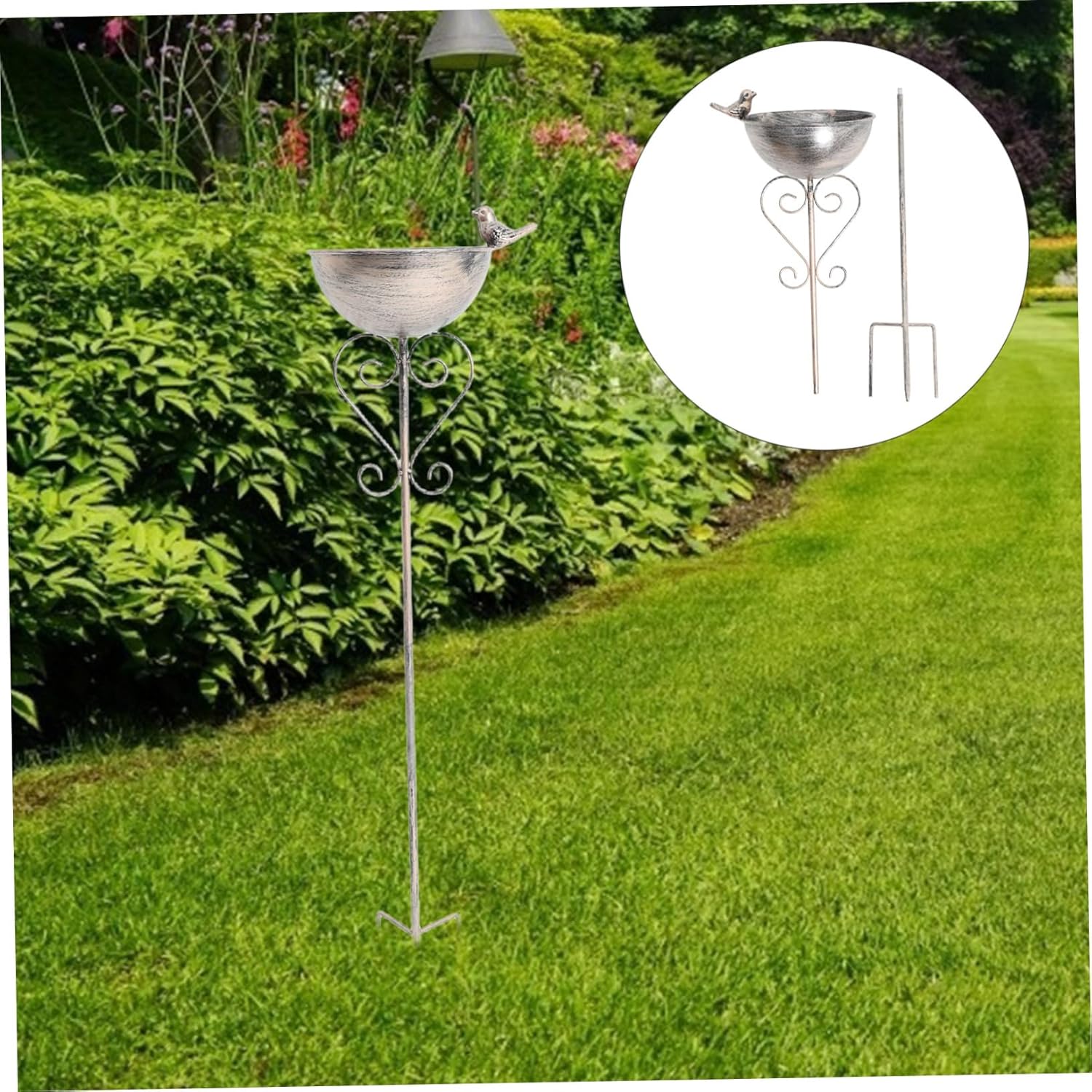 Kisangel Cast Bath with Stake Weather Resistant Outdoor Bird Feeding Station Decorative Garden Decor for Lawn and Patio Easy Installation