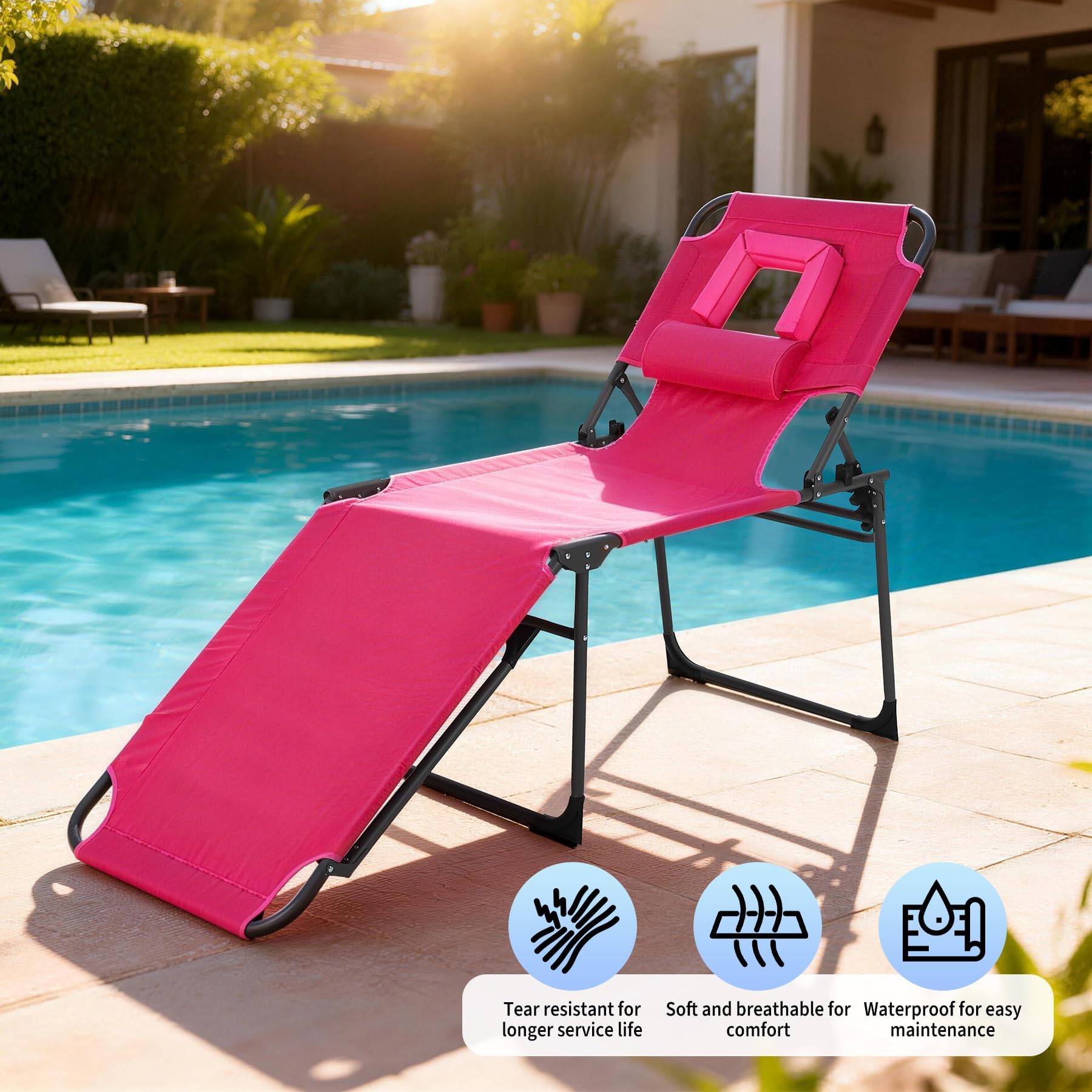 Garvee Bain de Soleil Transat de Plage Pliable Appuie-Tête, 5 Positions