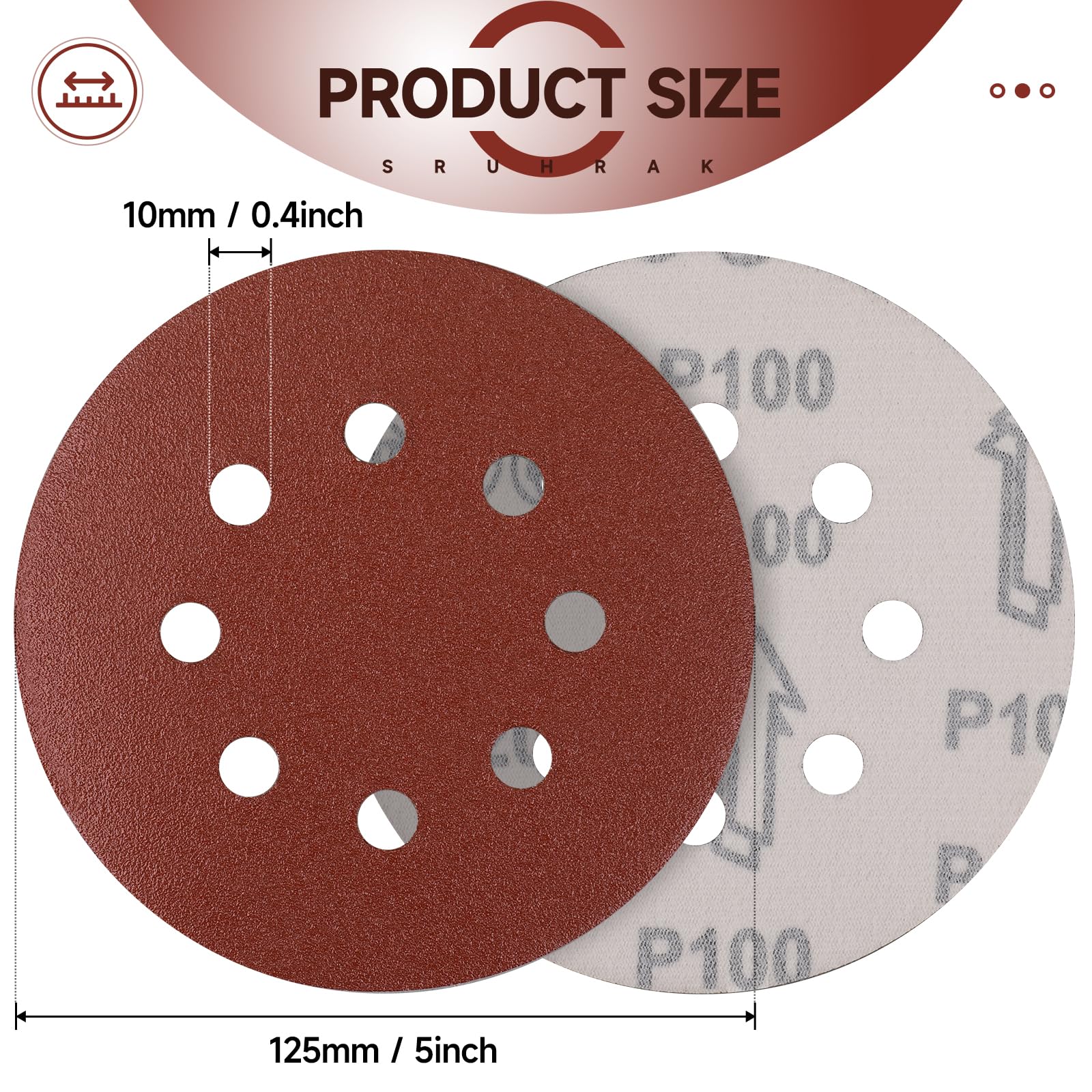Schleifscheiben 100 Stück, Schleifpad-Set, 8-Loch-Pads, Klett-Schleifpapier for Exzenterschleifer(125mm,100 Grit)