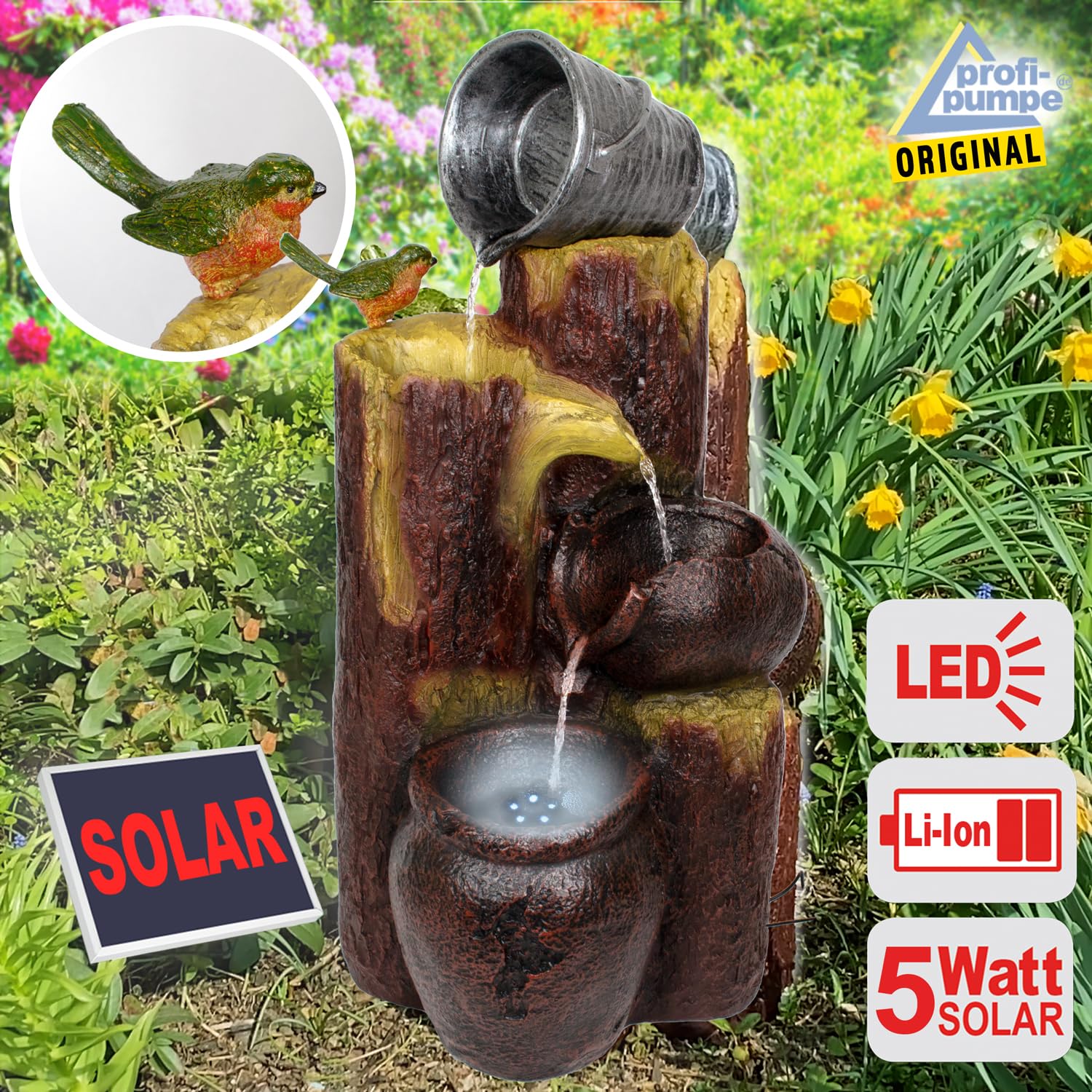 Solar Gartenbrunnen Brunnen Solarbrunnen Zierbrunnen Vogelbad Wasserfall Gartenleuchte Teichpumpe Springbrunnen Wasserspiel für Garten, Gartenteich