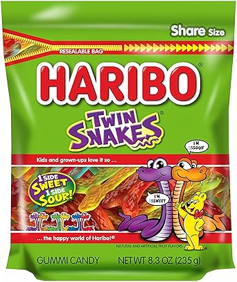 HARIBO Gummi Candy, Twin Snakes Sweet & Sour Gummy Candy, 8.3 Ounce Resealable Share Size Stand Up Bag, Soft & Chewy Snacks, Assorted Fruity Flavors