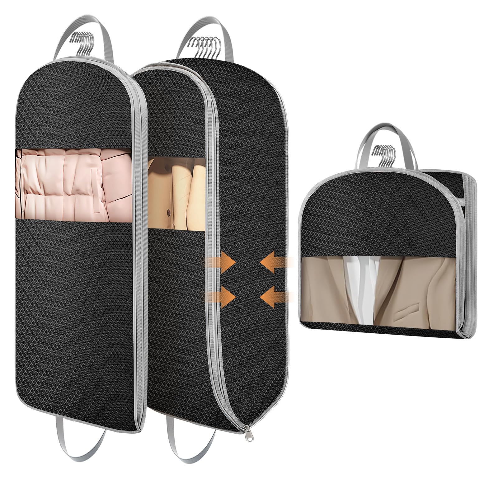 DIMJ Garment Bags for Hanging Clothes 10" Gusseted, Space Saving Compression Suit Bag Travel with Handles Window, Washable Carry Clothing Storage Cover for Dress, Coats, Jacket, Shirts,43" 2 Pack