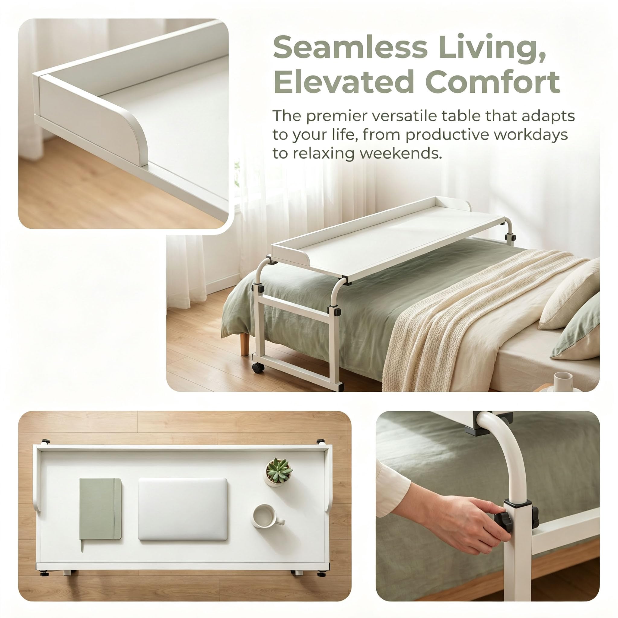 Mesa de Bandeja Escritorio Portátil con Ruedas, Mesa Auxiliar para Cama | Altura y Longitud Ajustables, Ruedas con Bloqueo, Borde Perimetral Anticaídas, Superficie de Madera y Estructura Resistente
