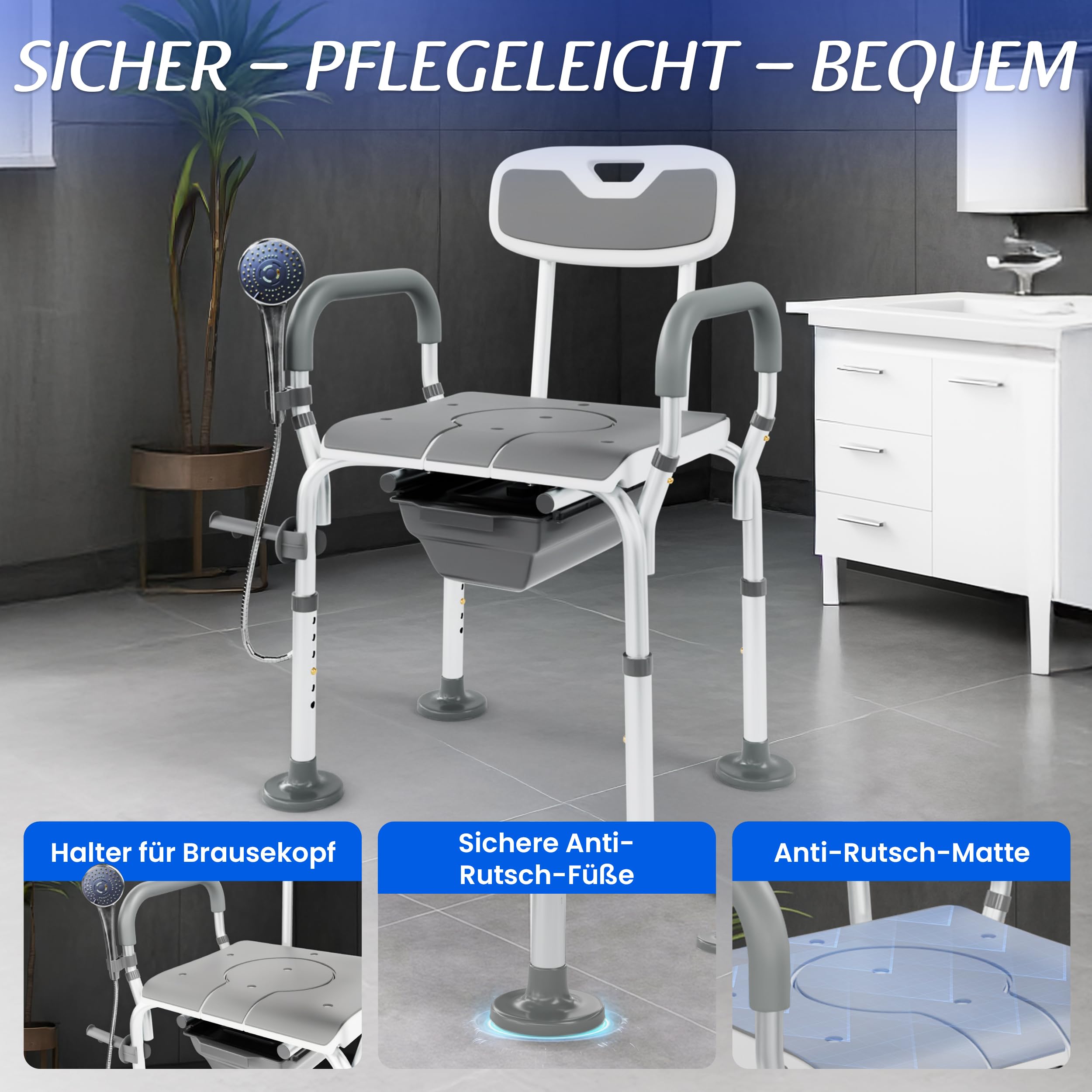 3-in-1 Toilettenstuhl, Toilettensitzerhöhung & Duschstuhl. Registriertes Medizinprodukt. Höhenverstellbar. Bis 136 kg. Rückenlehne & Armlehnen für Sicherheit. Aufstehhilfe. Entlastet Pflegende
