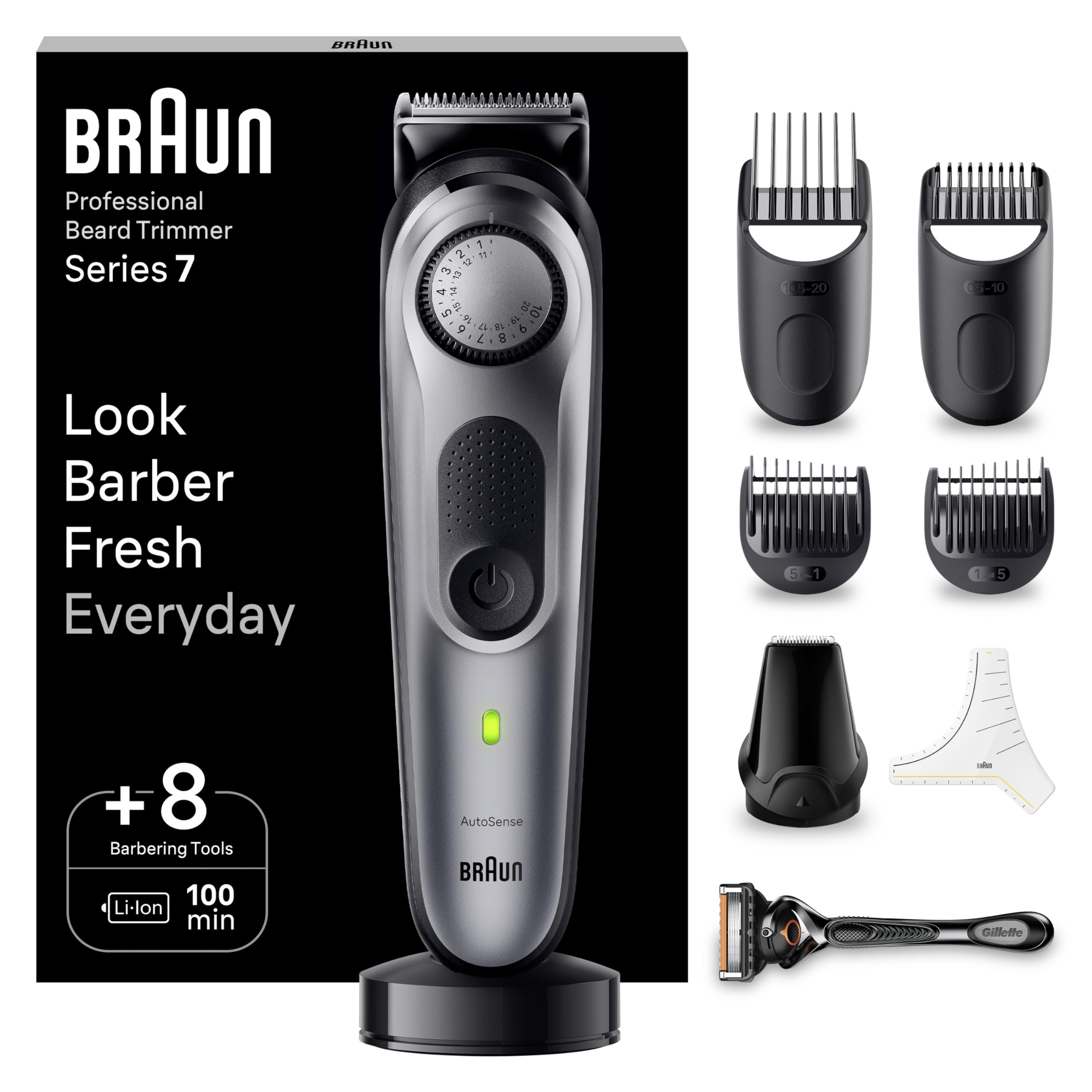 Braun Series 7 RASOIO ELETTRICO BARBA Con lama barba Problade, REGOLABARBA UOMO 40 Lunghezze, Accessori Da Barbiere, Base Di Ricarica, Custodia, BT7420 Nero/​Verde Elettrico