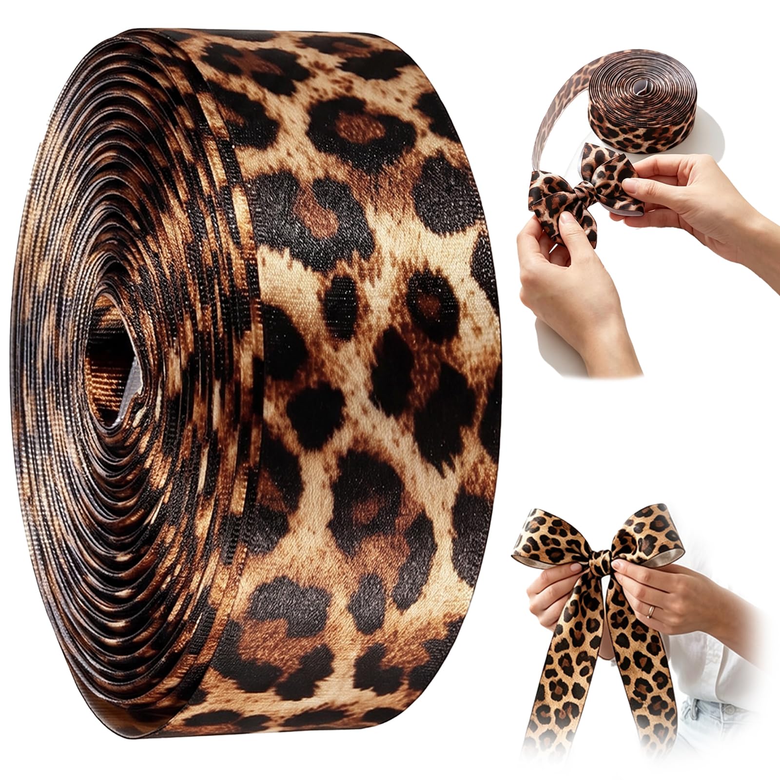 20m Leopard Print Ribbon, 2.5cm Polyester Grosgrain Craft Ribbon