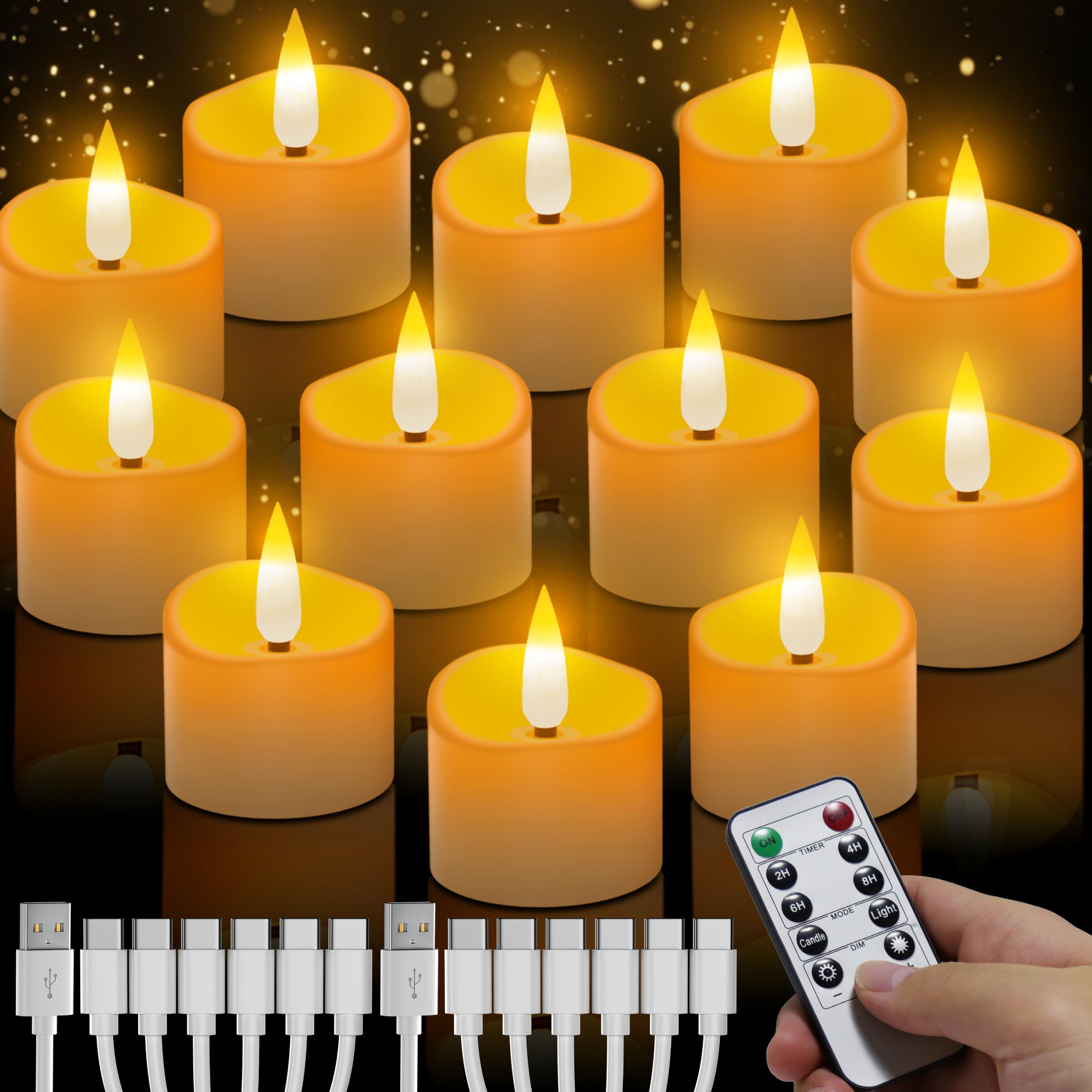 Daphomeu LED Teelichter Wiederaufladbar mit Fernbedienung & Timer, 12er Set | USB-C 6-in-1 Ladekabel, Flammenlos, Warm, Heimdekoration für Zimmer Wohnzimmer, Halloween Weihnachten, Hochzeit