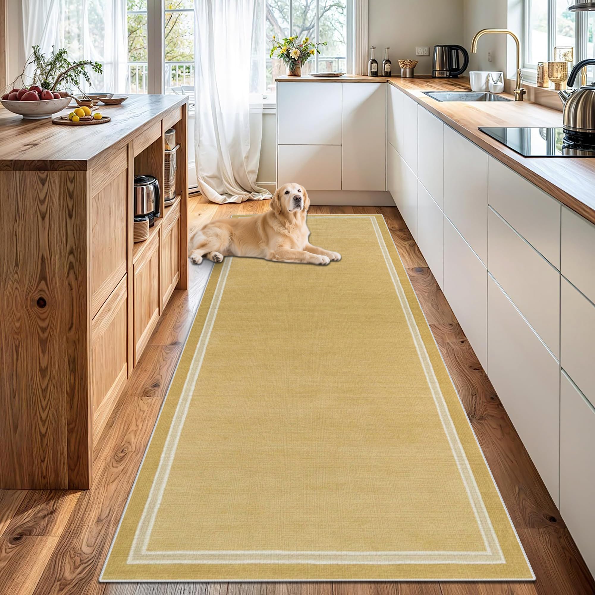 Alfombra de pasillo de 60x90 cm color amarillo lavable con base antideslizante para entrada