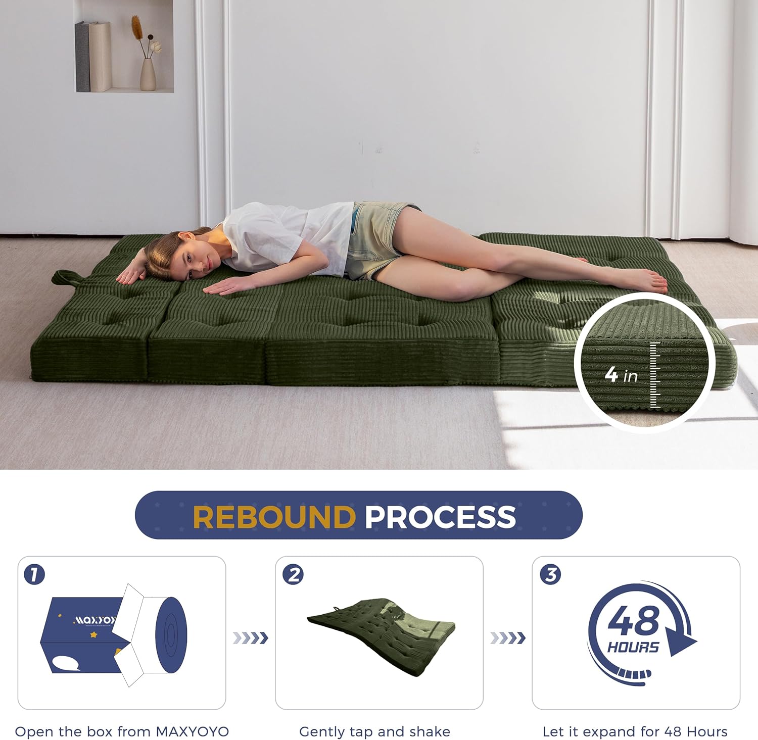 MAXYOYO Foldable Sofa Couch Bed, 4 Inch Tufted Folding Mattress, Portable Floor Couch with Handles Guest Bed Topper Portable Camping Mat with Corded Fabric, Full Size, Dark Green