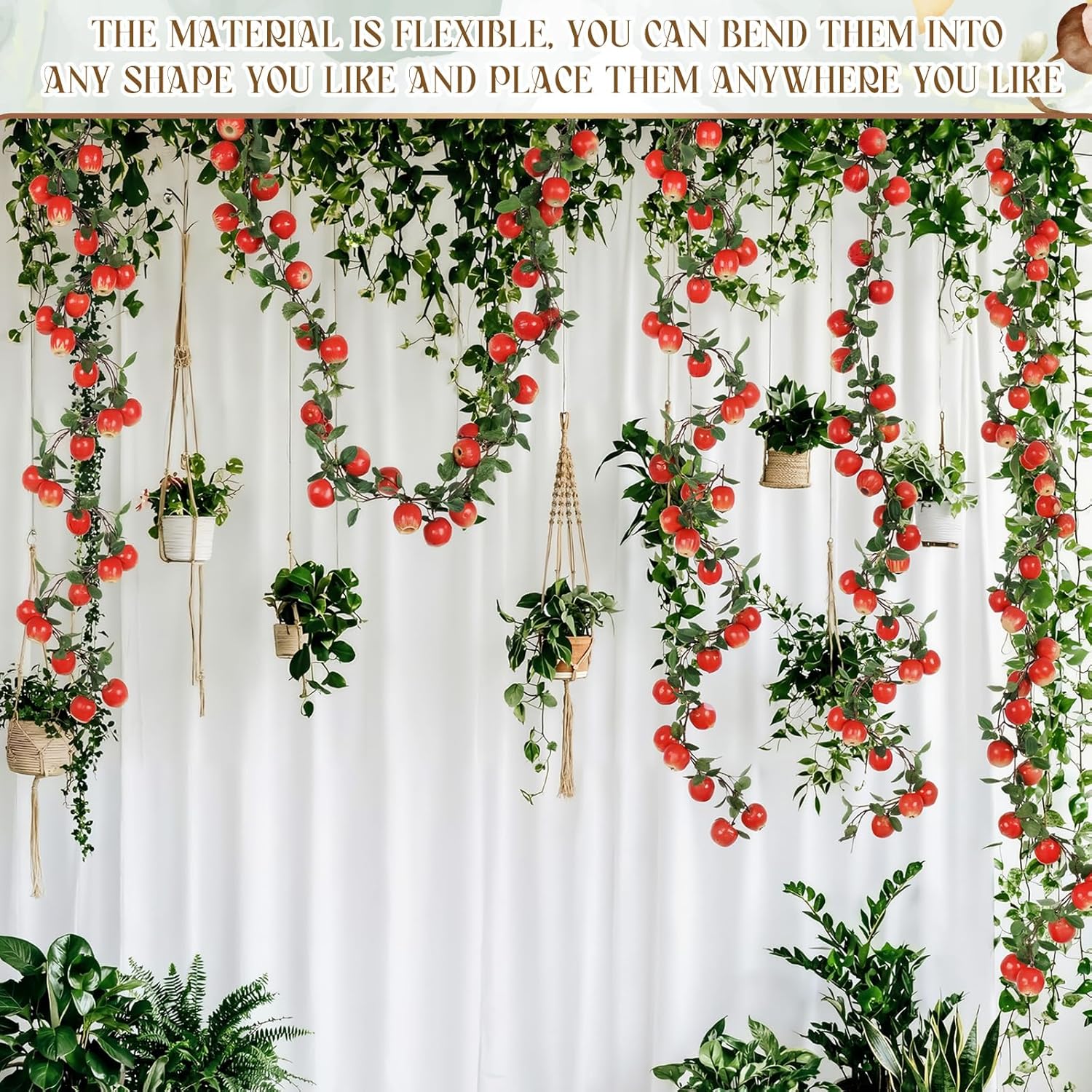 3 Pcs Artificial Apple Garland 57inch Fake Apples Bunch Strings with Stem and Leaves Fruit Hanging Vines Decorations for Kitchen Table Centerpieces Wall Party Birthday