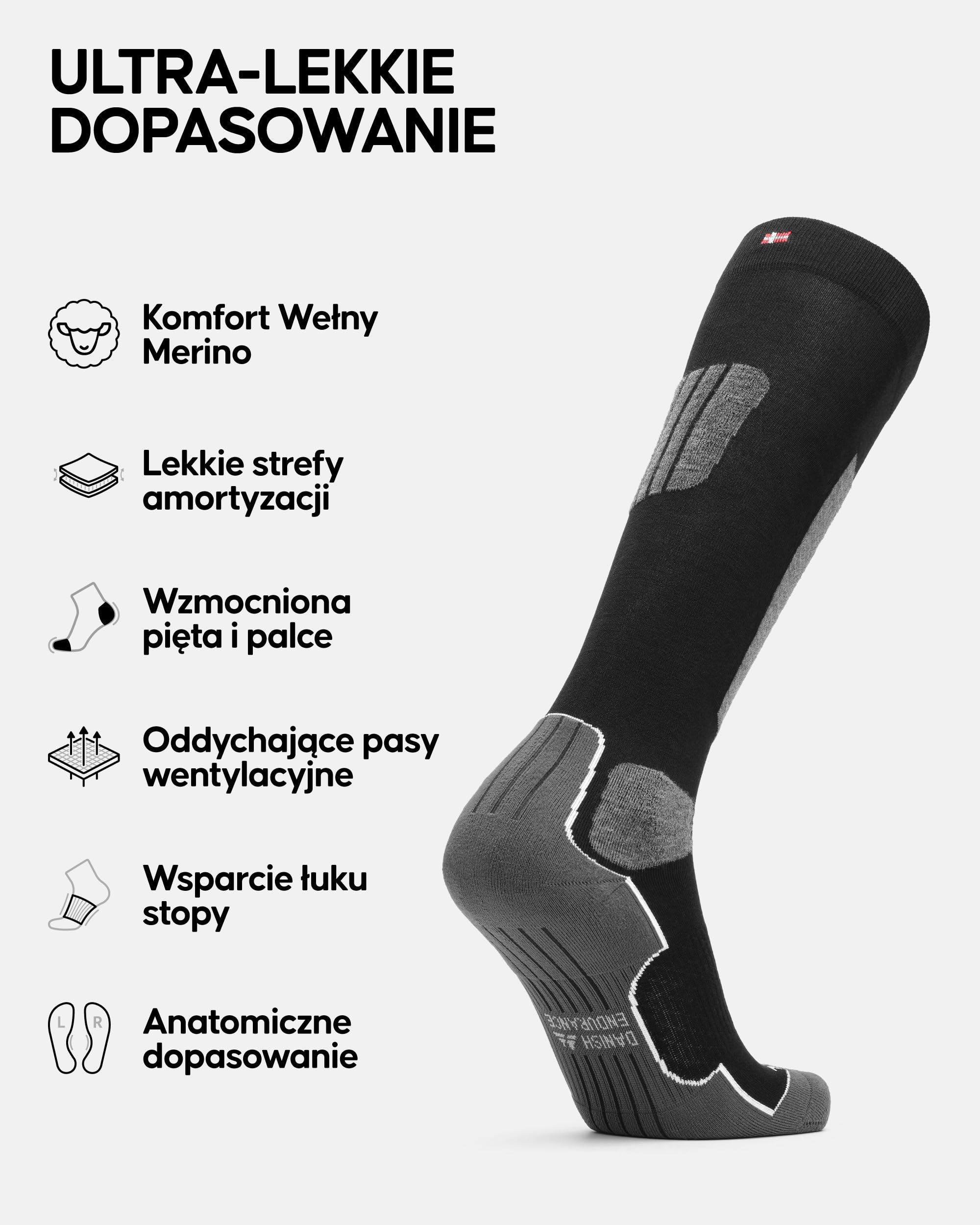 DANISH ENDURANCE Skarpety Narciarskie Merino, Lekkie, Precyzyjnie Dopasowane, z Niską Amortyzacją, Bezpośredni Kontakt z Butem i Kontrola nad Nartami