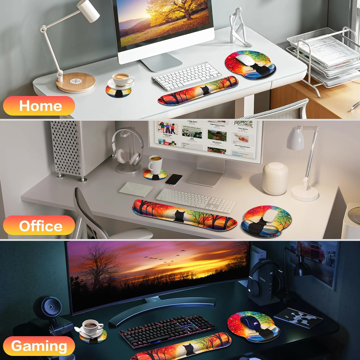 Mouse Pad with Wrist Rest Cute Black Cat Set,Qomolama 3-in-1 Wrist Support Mouse Pad Set,Gaming Mousepad with Anti-Skid Base,Ergonomic Mouse Pad,Memory Foam Keyboard Gel Wrist Rest Anime - Image 7