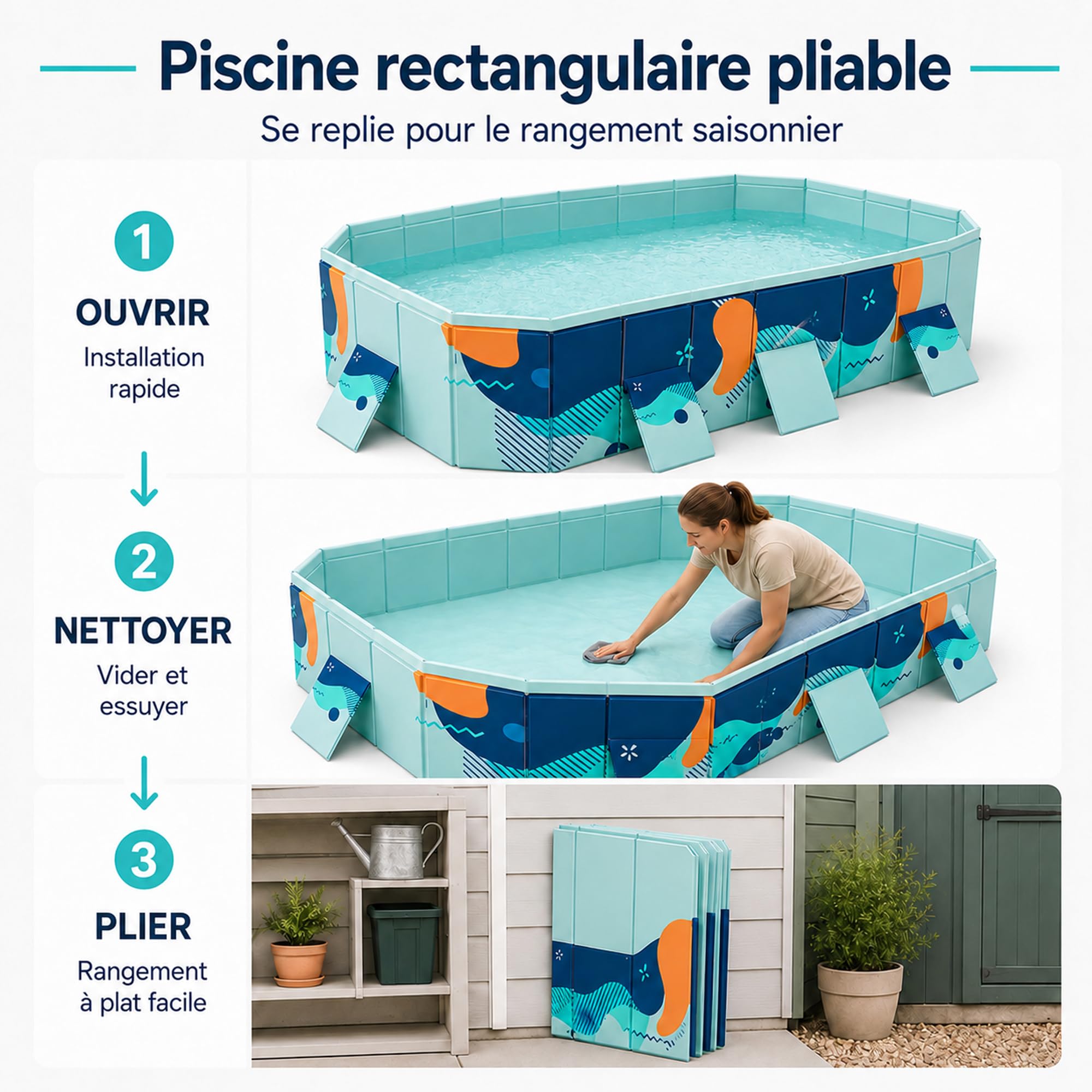 Piscina Pieghevole Fuori Terra, Rigida, Non Gonfiabile, Rettangolare | Piscina rigida pieghevole con scarico, senza gonfiaggio e facile da riporre.(1.6m(5.2ft))