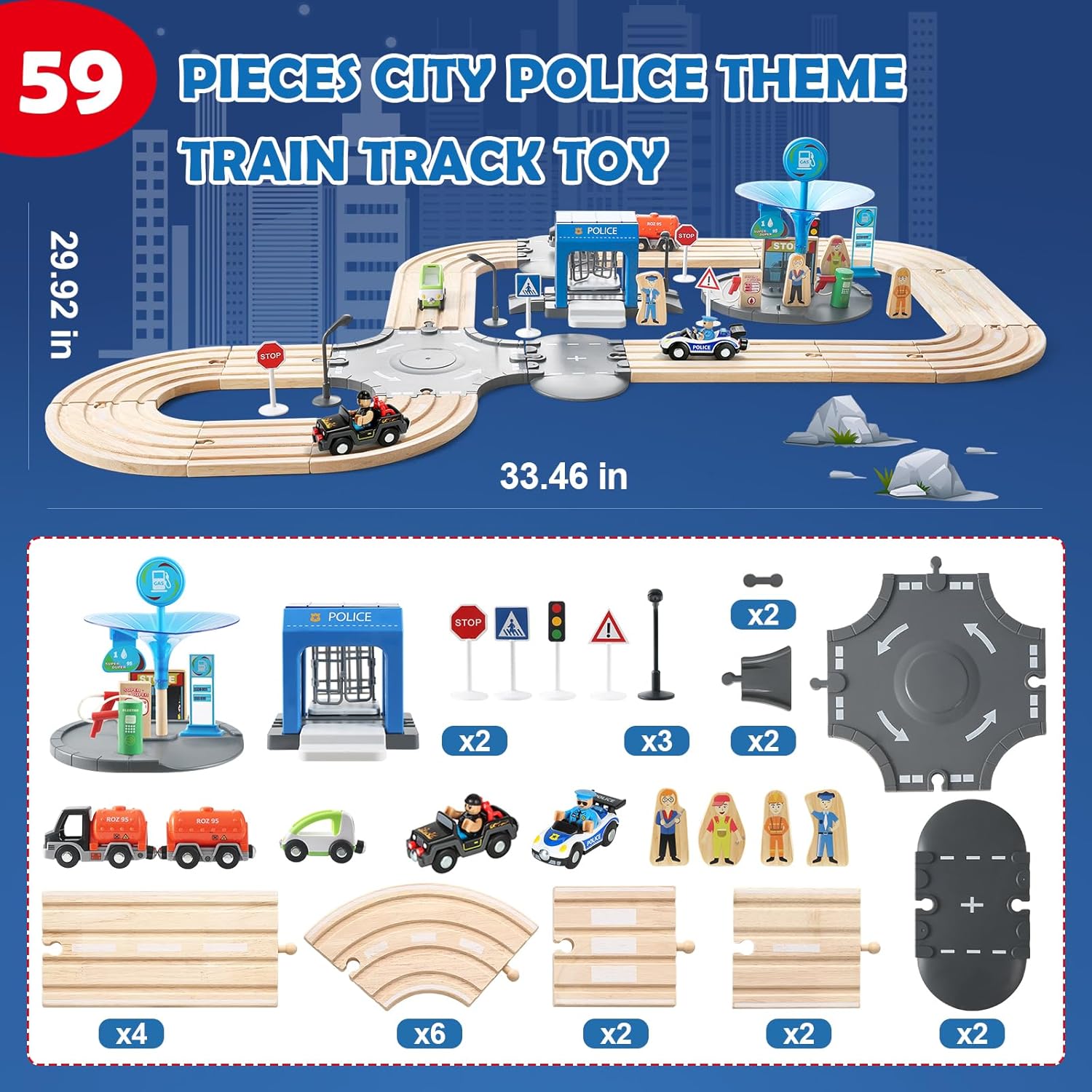 59 Pcs Wooden Train Set for Toddlers, Toy Train with Track for Kids Ages 3-6, Deluxy Double Track City Police Station Railway Playset Gifts for Boys and Girls Ages 3+