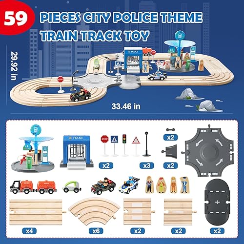 Miniatura 2 de Juego de 59 piezas de tren de madera para niños pequeños, tren de juguete con pista para niños de 3 a 6 años, set de juego de lujo de doble pista de