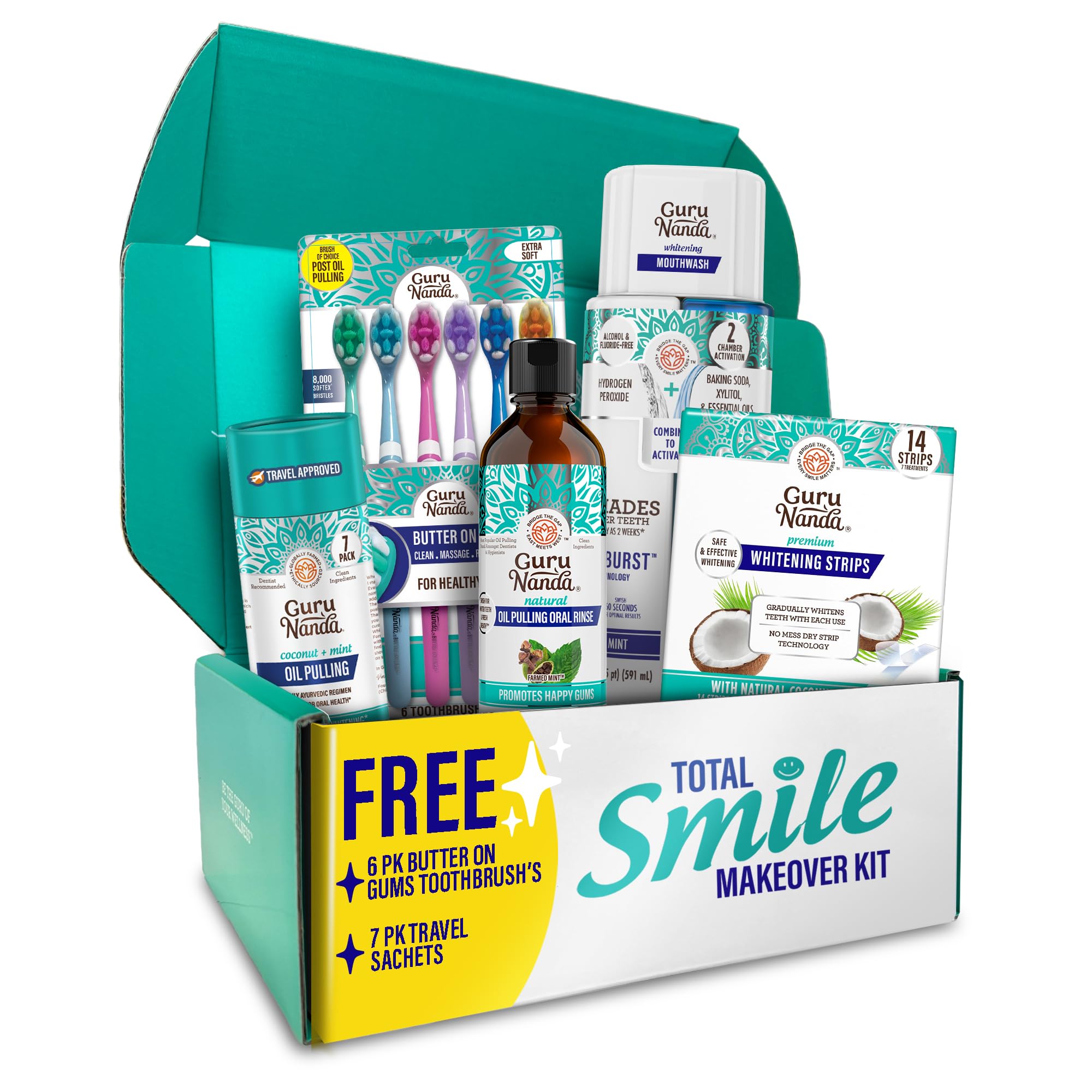 Total Smile Makeover Kit Regular with Cocomint Oil Pulling, Dual Barrel Whitening Mouthwash, Whitening Strips & Butter on Gums Toothbrushes
