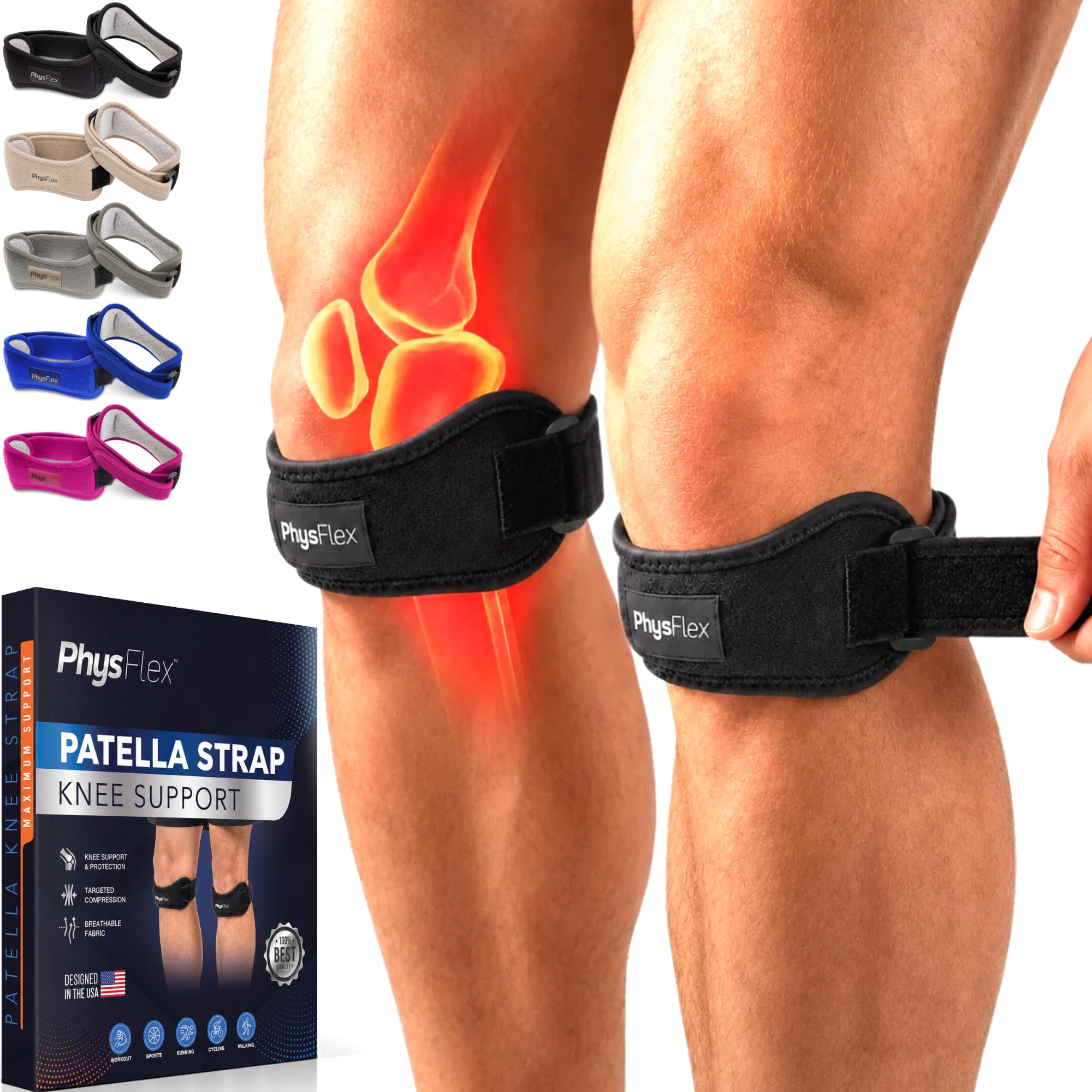 Photo 1 of PhysFlex 2 Pack Patellar Tendon Support Strap - Knee Brace for Pain Relief, Patella Band for Basketball, Jumpers Knee, Tendonitis, Adjustable Patella Stabilizer Strap for Men & Women