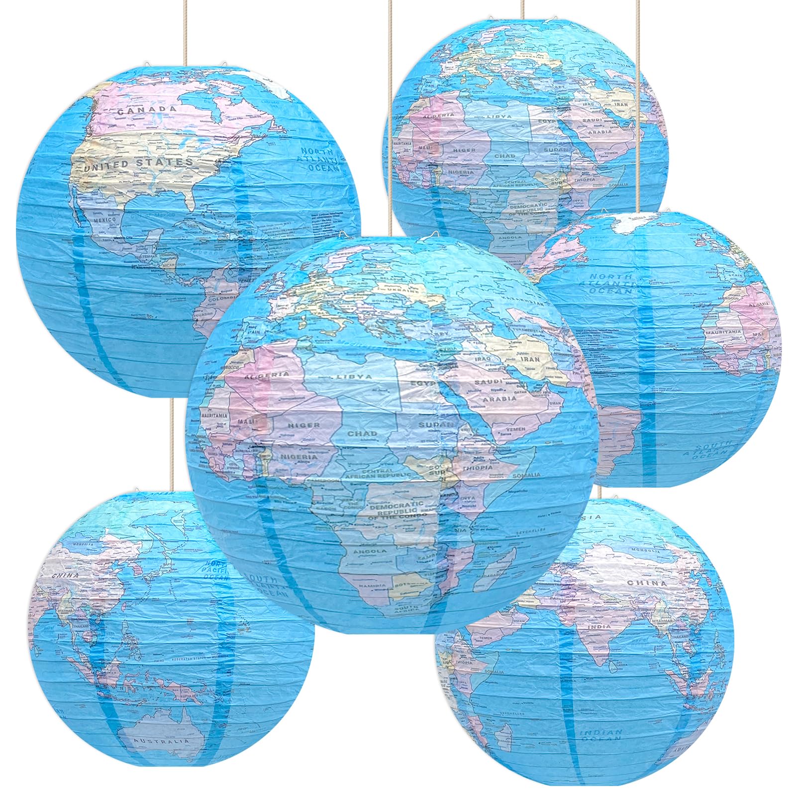 6 Pcs Globe Decor Travel Decor World Map Hanging Paper Lanterns for Classroom History Social Studies Earth Day Travel Party Decorations