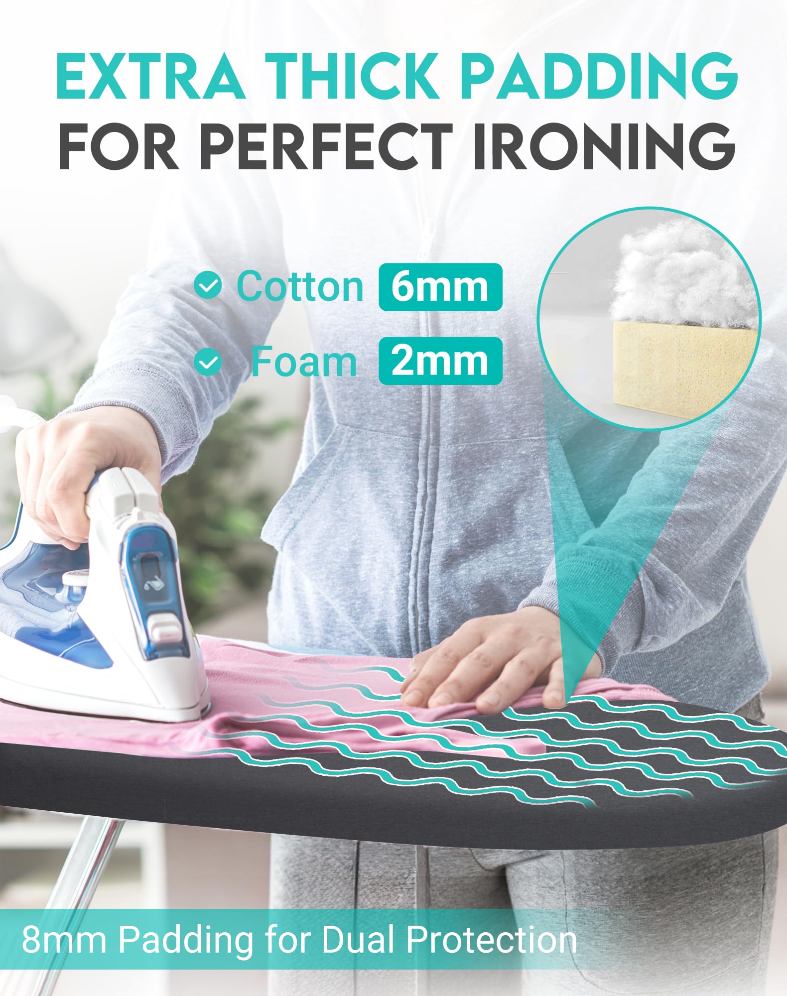 ZOES HOMEWARE Funda y almohadilla para tabla de planchar 100% algodón, acolchado grueso con bordes elásticos, funda de alta calidad para tablas de tamaño estándar de 15 x 54 pulgadas, resistente a las