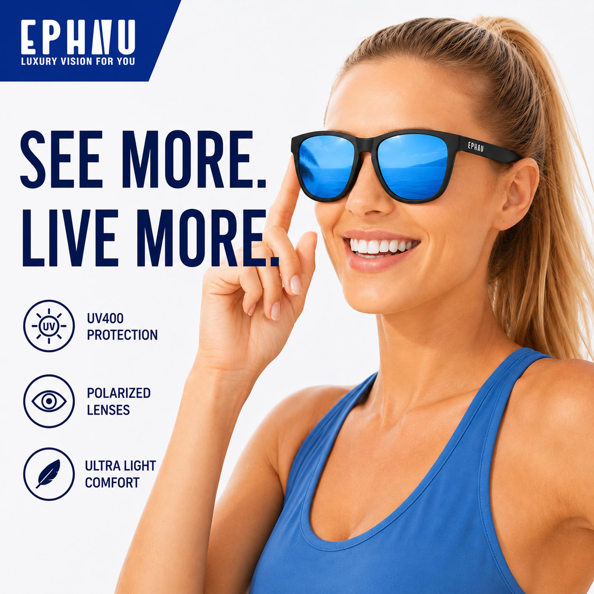 EPHIU Lentes de sol deportivos polarizados para hombres y mujeres, lentes de espejo para correr, senderismo, ciclismo (sin rebote, antideslizantes, cuadrados), Negro/Azul, Medium