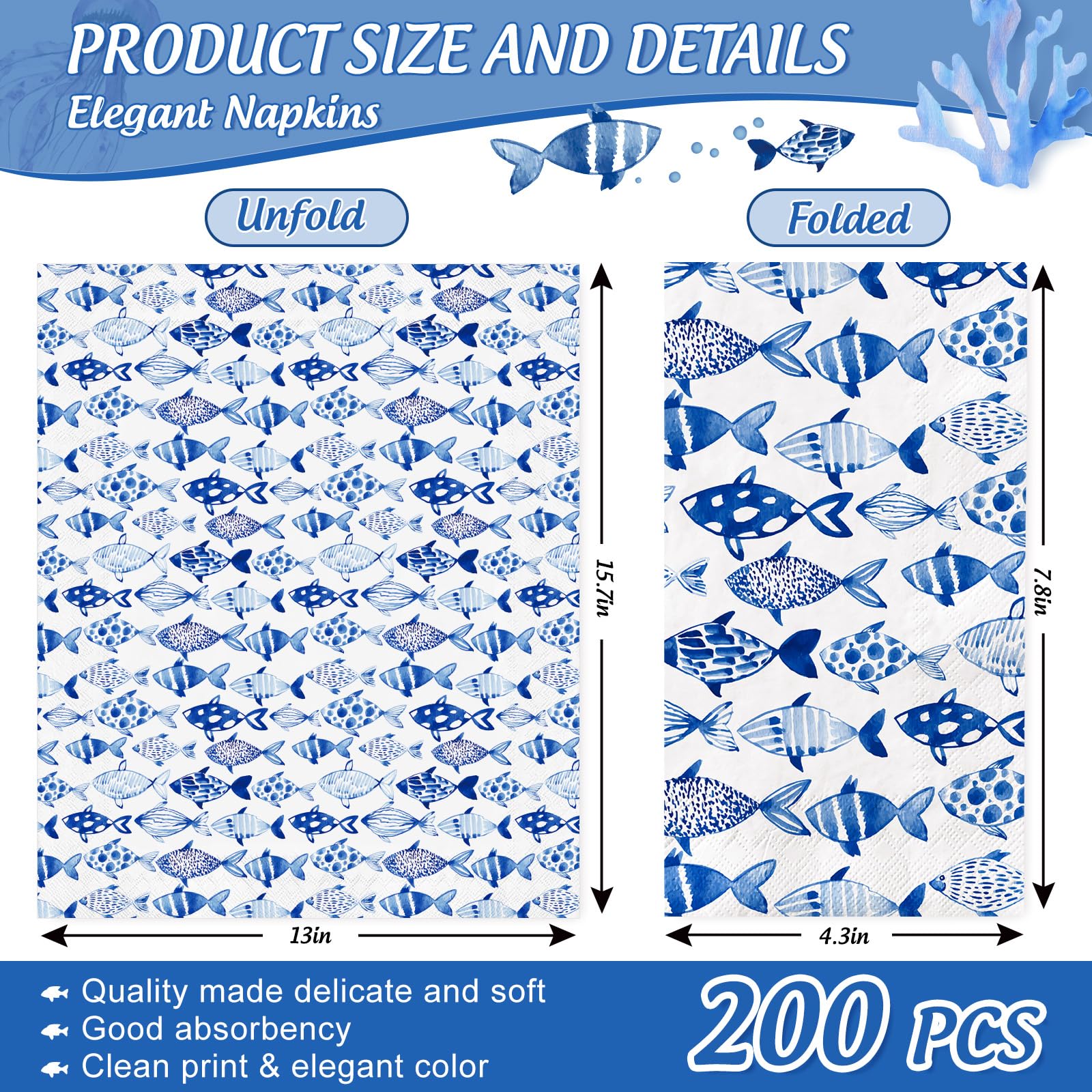 AnyDesign Lot de 200 serviettes jetables en papier pour invités Motif poissons de l'océan Bleu aquarelle