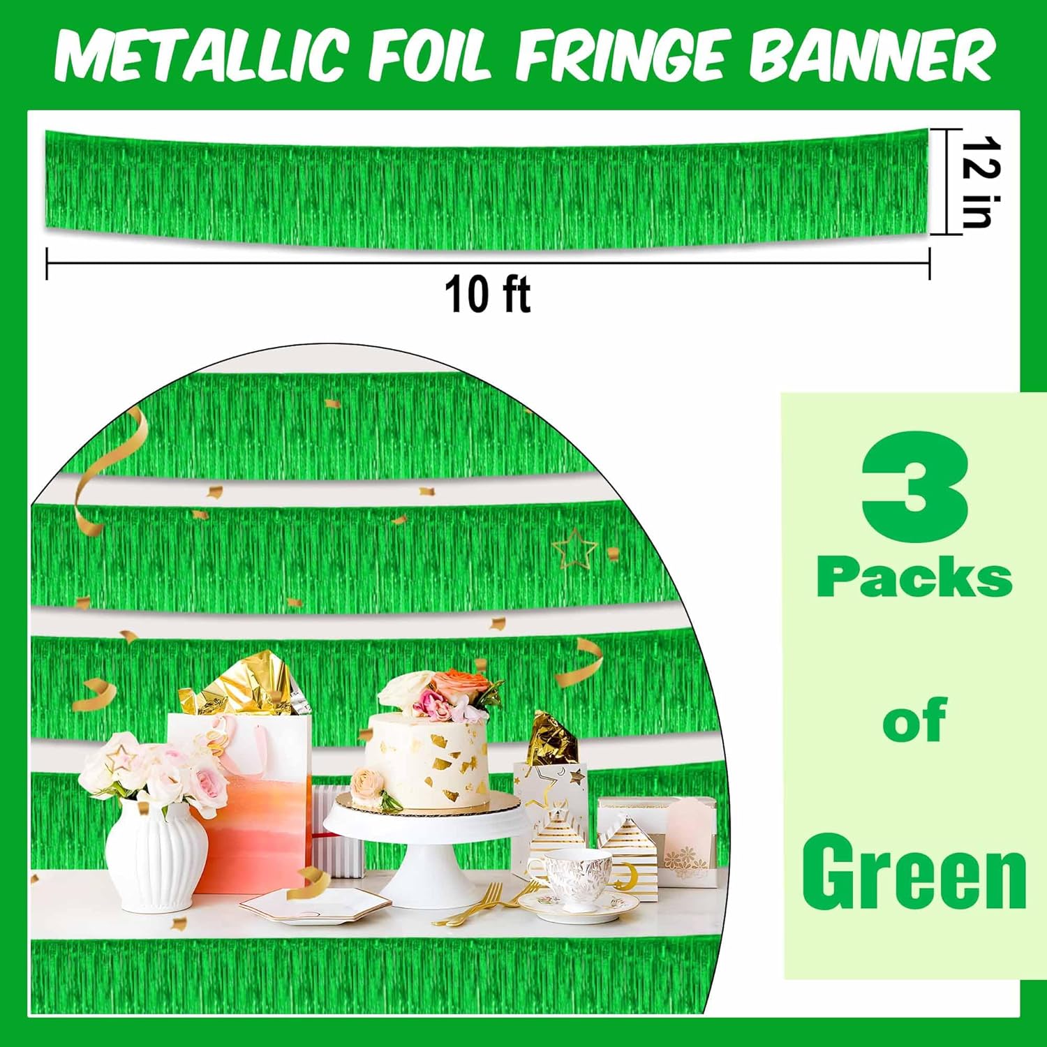 3 Pack 10 Ft Green Foil Fringe Garland Metallic Streamers Tinsel Banner Wall Hanging Garland Backdrop for Parade Floats, Halloween, Christmas, Thanksgiving, New Year Party Decorations - Image 2