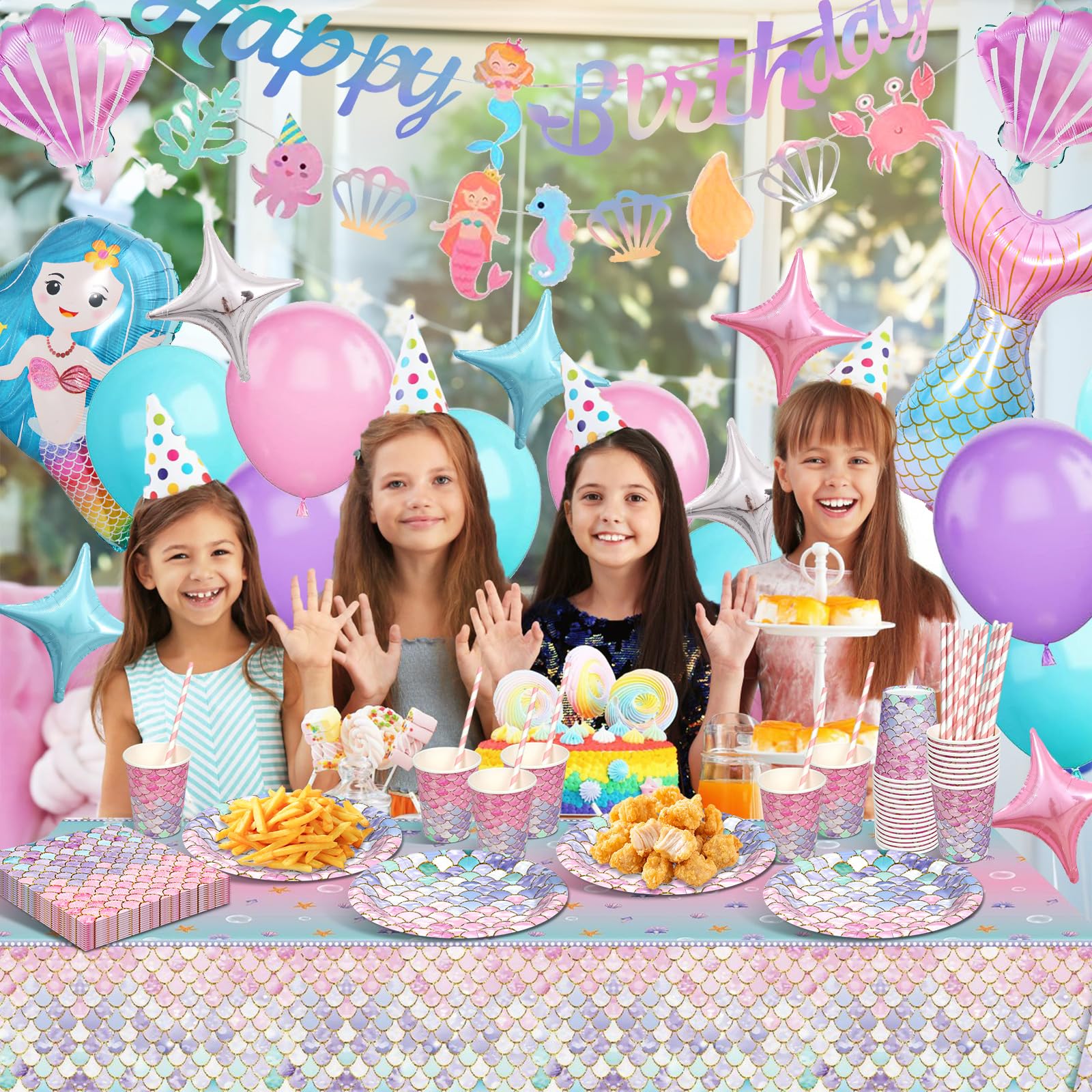 Sirenetta Compleanno Stoviglie per Feste, Sirenetta Palloncini Decorazioni Compleanno 6 Anni, Sirenetta Party Decoration con Palloncino per 6 Anni Ragazze Decorazione 16 Ospiti