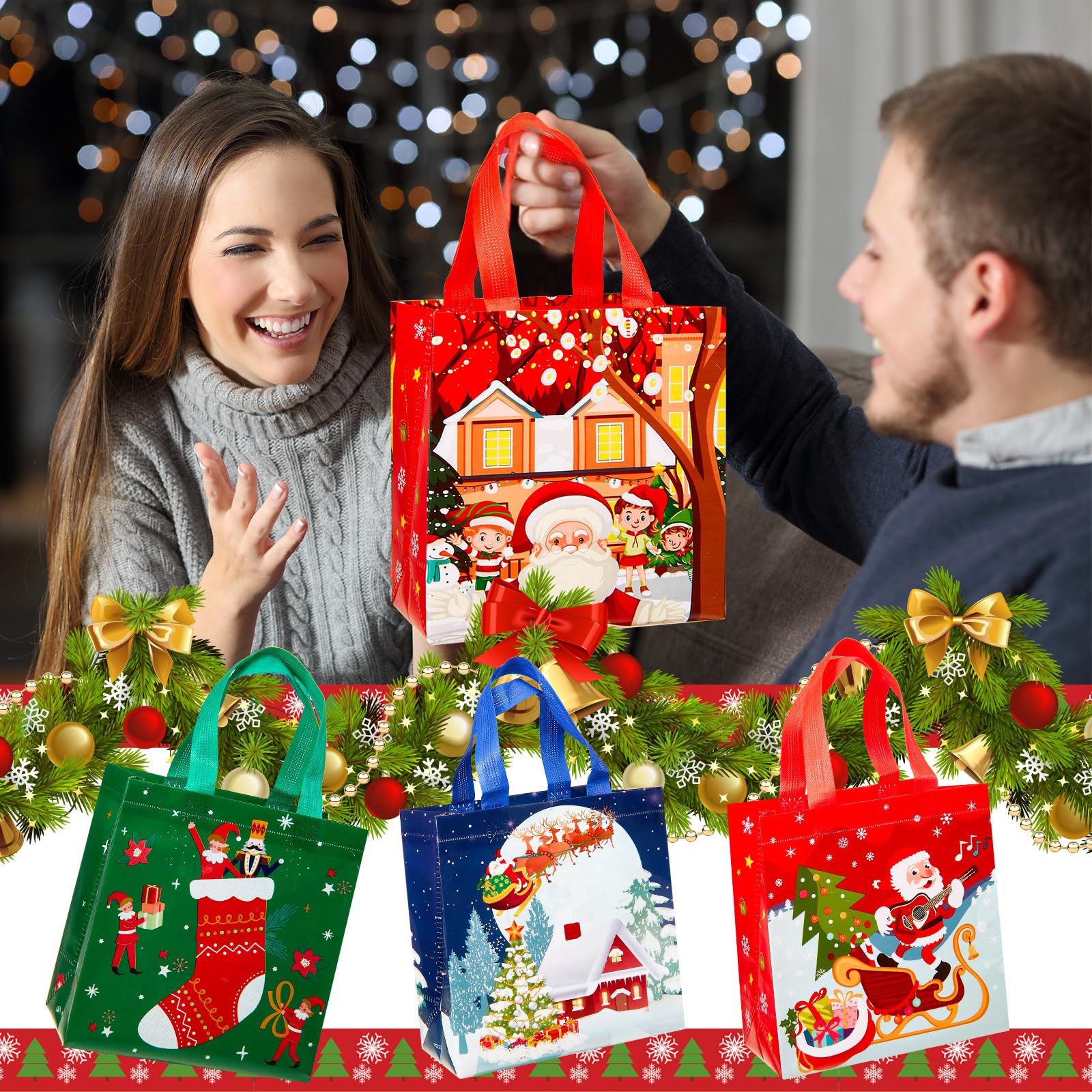 Abbylike 60 Stück Vlies-Geschenktüten für Weihnachten, kleine Tragetaschen mit Griffen, multifunktional, wiederverwendbar, Weihnachtsgeschenktüten für Leckereien, Geschenke, Einkaufen, Weihnachten,