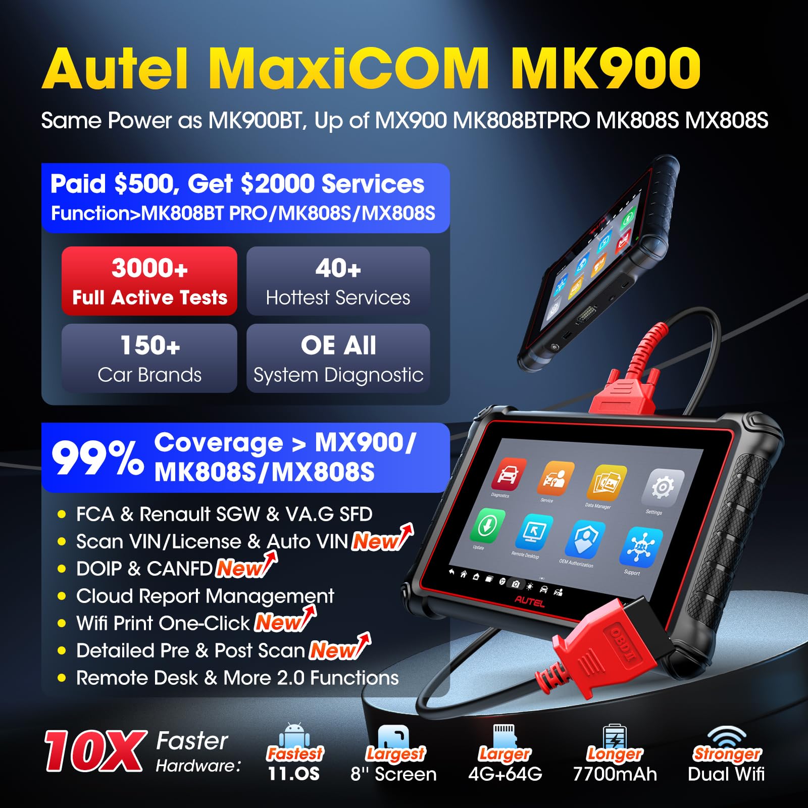 Autel MaxiCOM MK900 Diagnosis Coche Multimarca: 2026 Igual Que MK900BT,Actualizado MX900, MK808BT Pro, MK808S Herramienta Diagnosis Bidireccional, CANFD&DOIP, 3000+ Pruebas Activa, 40+ Servicio,11 OS