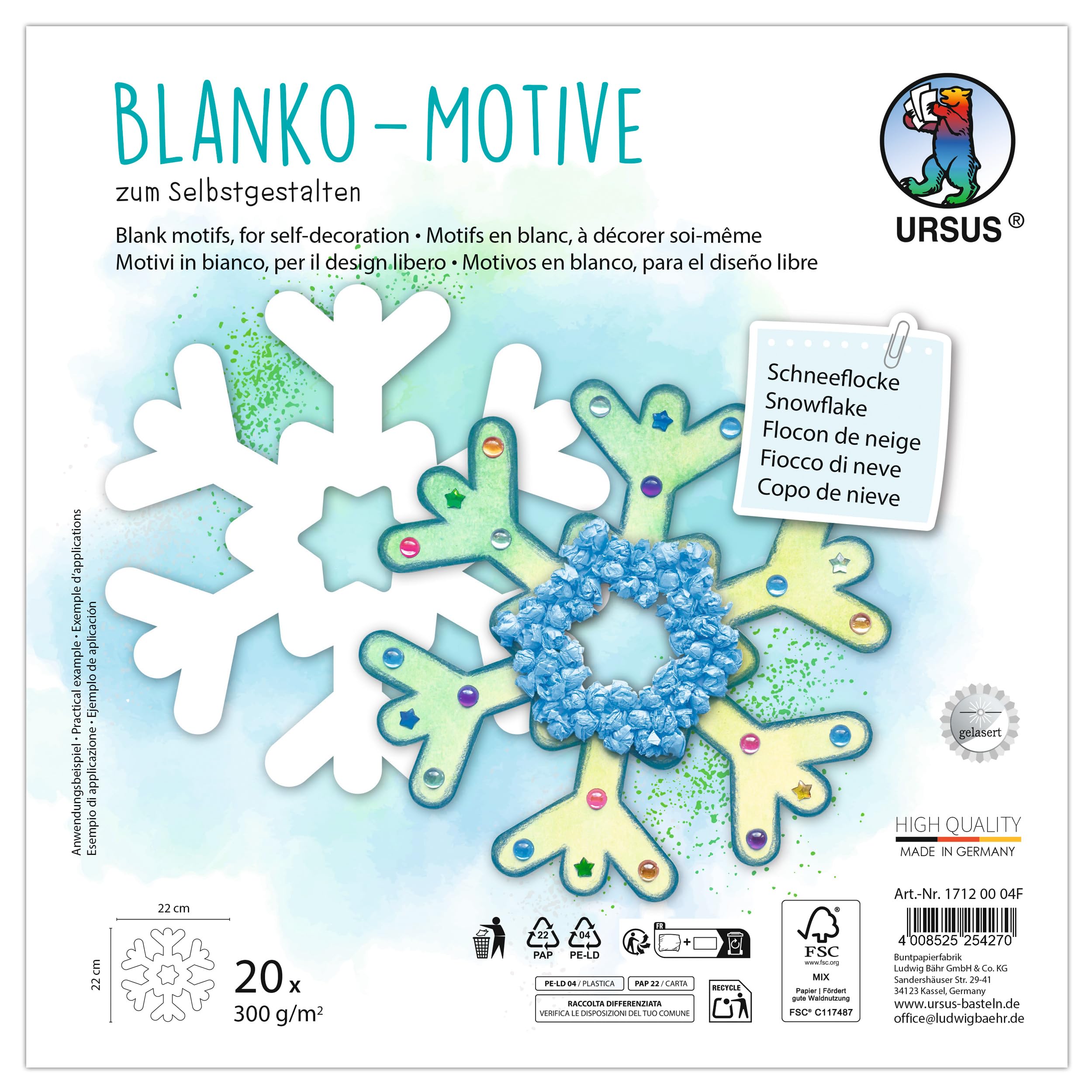 Ursus 1712 00 04F Blank Motifs Snowflake, 20 Pieces Made of 300 g/m² Photo Cardboard, 22 x 22 cm, DIY Craft Paper for Colouring, Gluing, Cutting and Designing Yourself