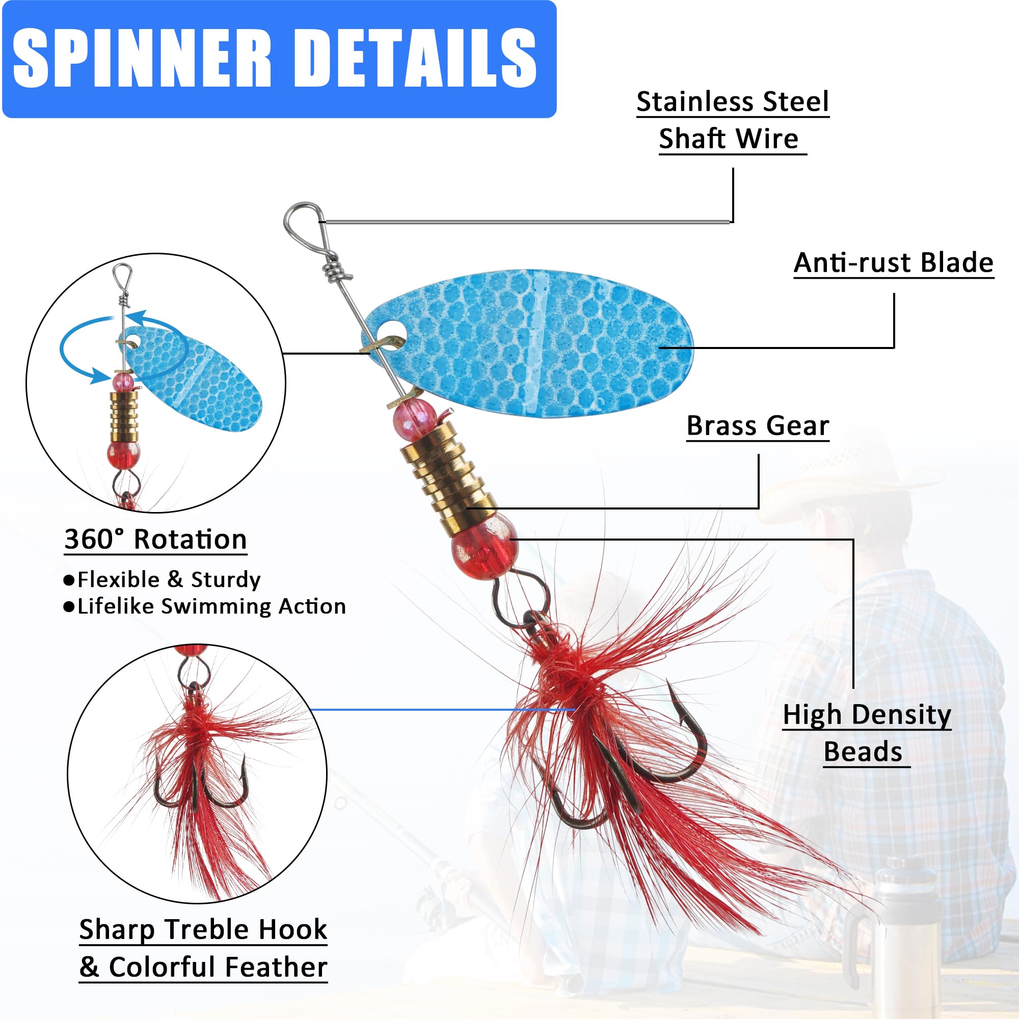 60PCS Swimming Jigging Fishing Spinners Spinning Spoons,Rooster Tails Fishing Lures with Flash Copper Body Blade Bait for Bass Walleye Trout Saltwater Freshwater Fishing