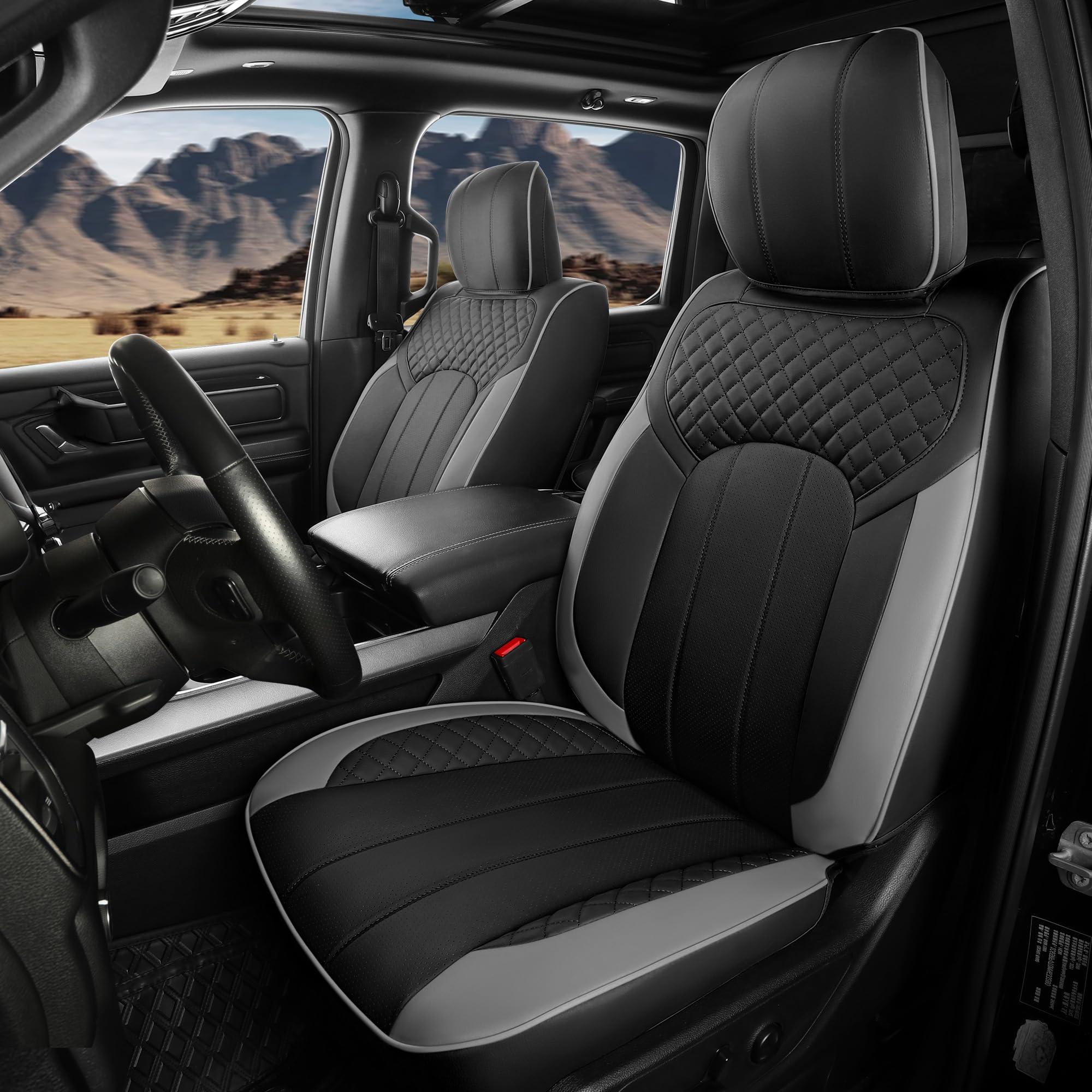 Seat Covers for Dodge Ram 2026 2025 2024 2023 2022 2021 2020 2019 1500 Crew Cab New Body, Leather Seat Cover Limited Longhorn Rebel Laramie Big Horn Tradesman TRX Pickup Truck Accessories, BlackGrey