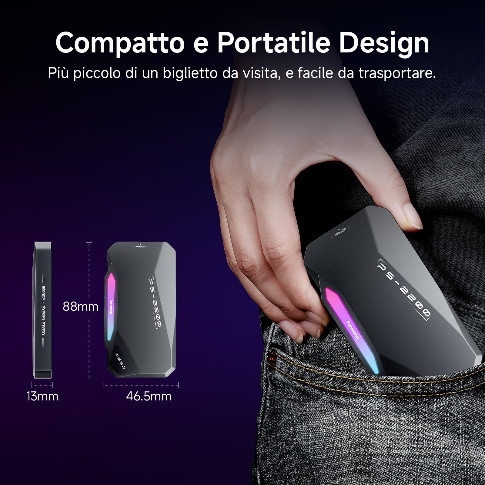 fanxiang 2TB SSD Esterno Magnetico，Fino a 2050MB/s, USB 3.2 Gen2 USB-C, SSD Portatile con RGB LEDs, 4k ProRes HDR, Unità a Stato Solido Esterna per iphone15/16, Android/Pc/Mac-PS2200