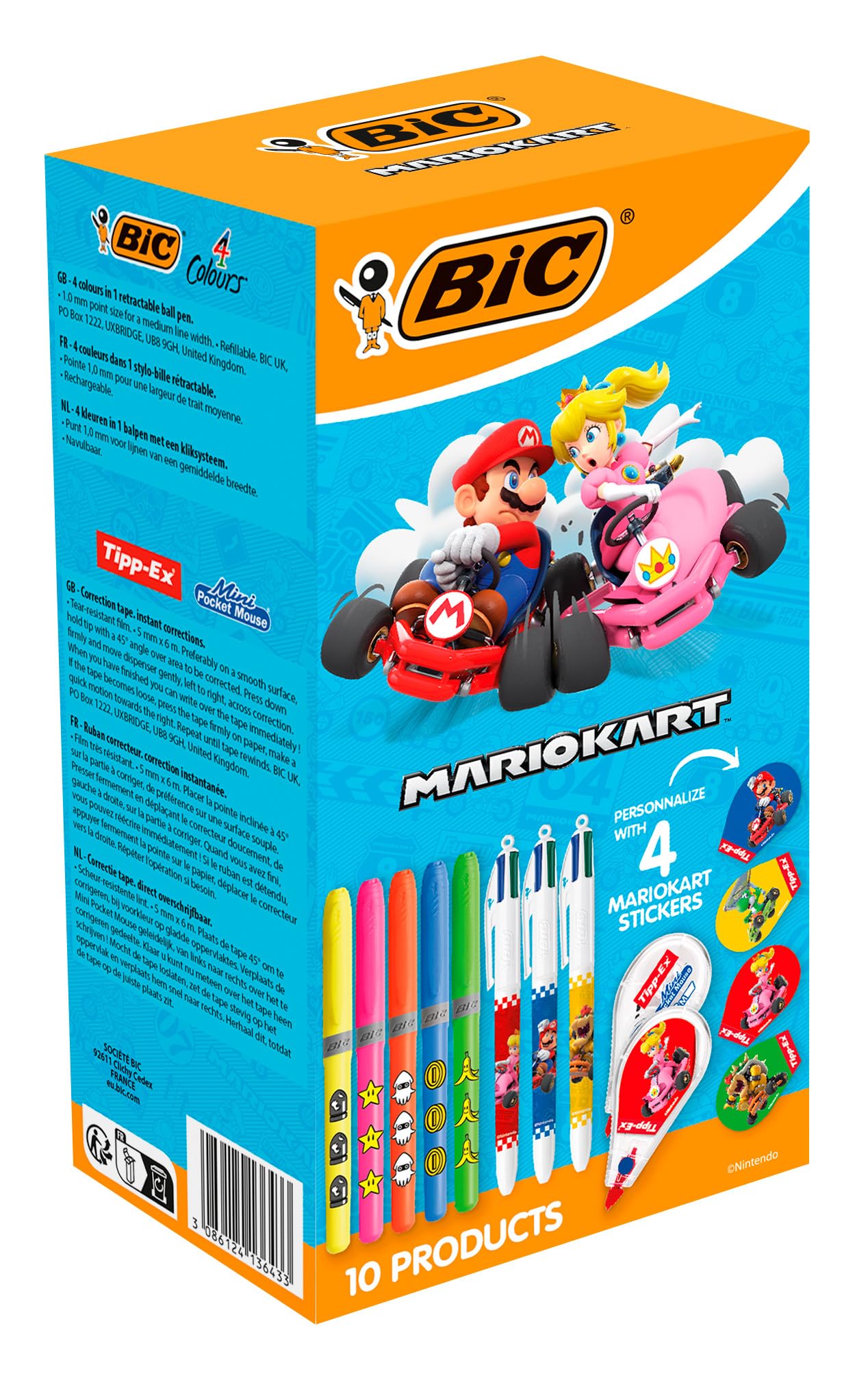 BIC Mario Kart Kit de Papeterie - Stylos-Bille Pointe Moyenne (1,0 mm)/Surligneurs Pointe Biseautée/Souris Correctrices 6 m/Autocollants - Boîte de 10