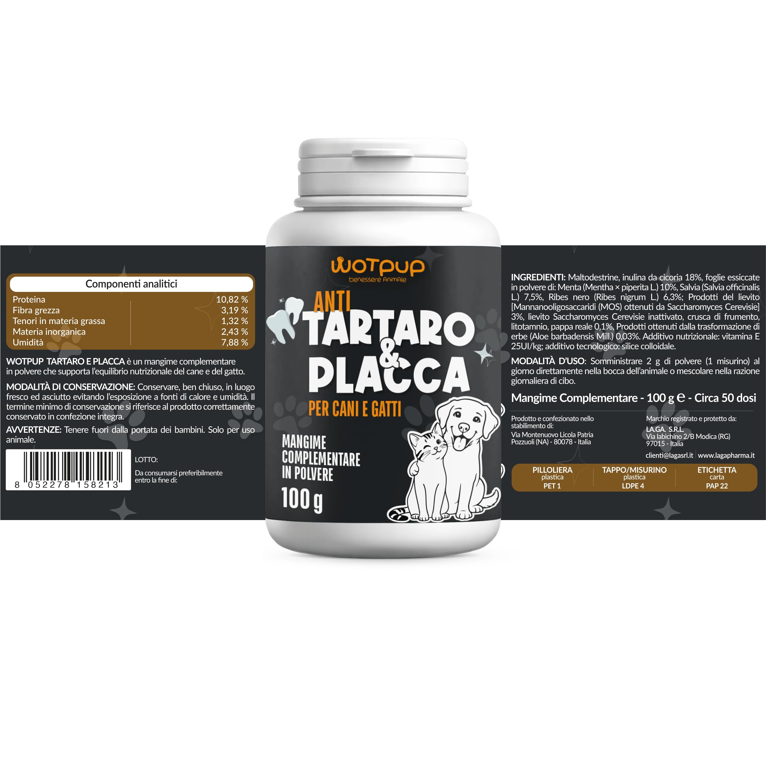 Dental Bright Polvere Dentale per Cani e Gatti, Sciogli Tartaro e Placca, Dentifricio Senza Spazzolino con Inulina, Menta, Pappa Reale e Salvia 100g 50 Dosi Made in Italy