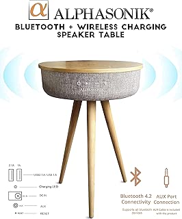 Alphasonik Decor Modern Home Portable Bluetooth Speaker 360 Surround HD Sound with 10 Speakers Drivers Built-in Qi Wireless Charger Dual USB AUX Inputs End Table Coffee Table Night Stand Piano MAPLE