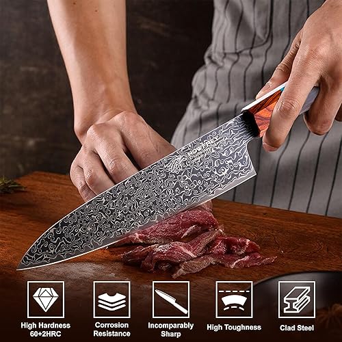 Miniatura 4 de Cuchillo de chef de Damasco, cuchillos de cocina japoneses de 8 pulgadas y 67 capas, acero inoxidable afilado de alto carbono con asas ergonómicas