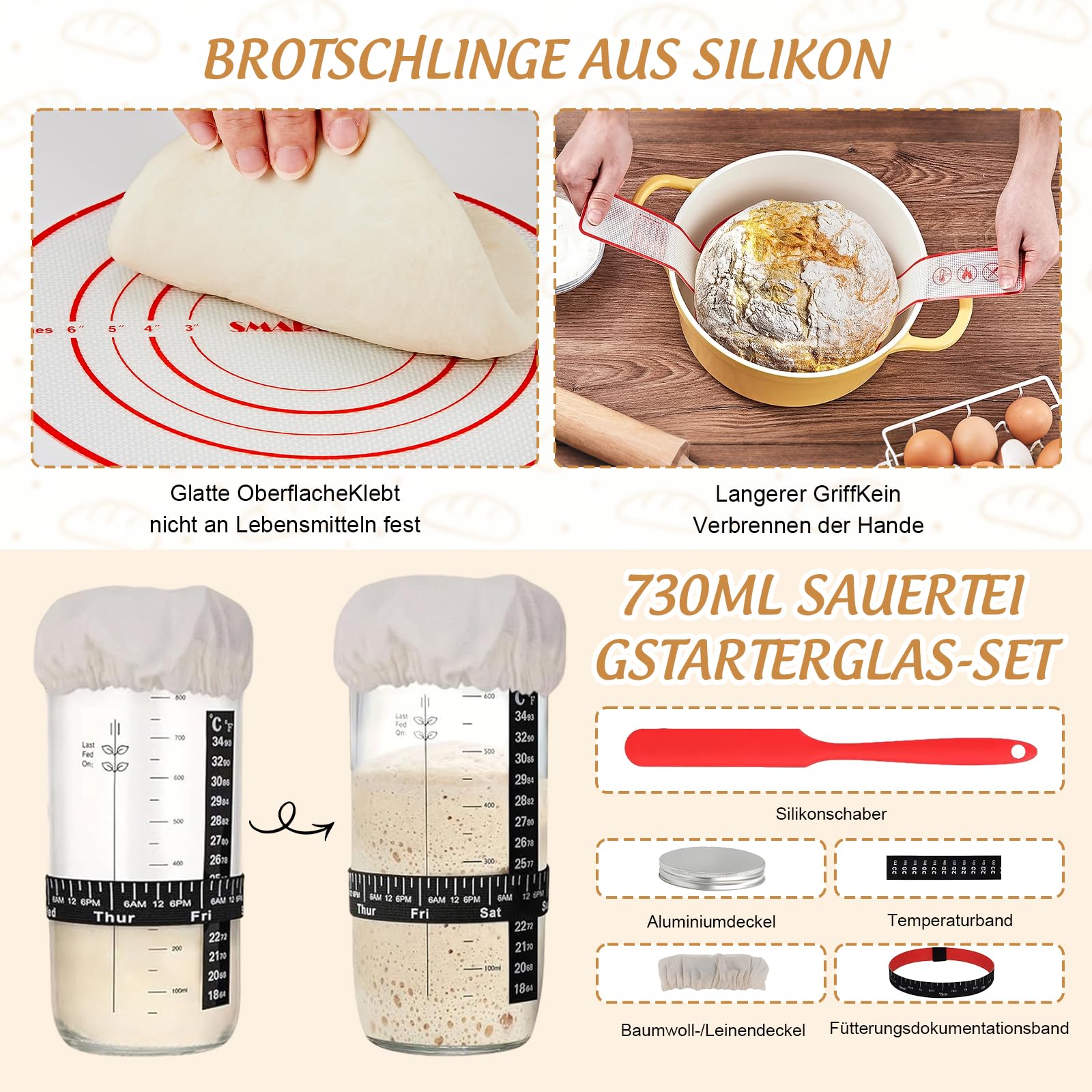 Juego de iniciación de masa fermentada, 16 piezas, cesta de fermentación, 2 cestas de fermentación, 1 herramientas de masa de vidrio, accesorios perfectos para hornear pan para panaderos profesionales
