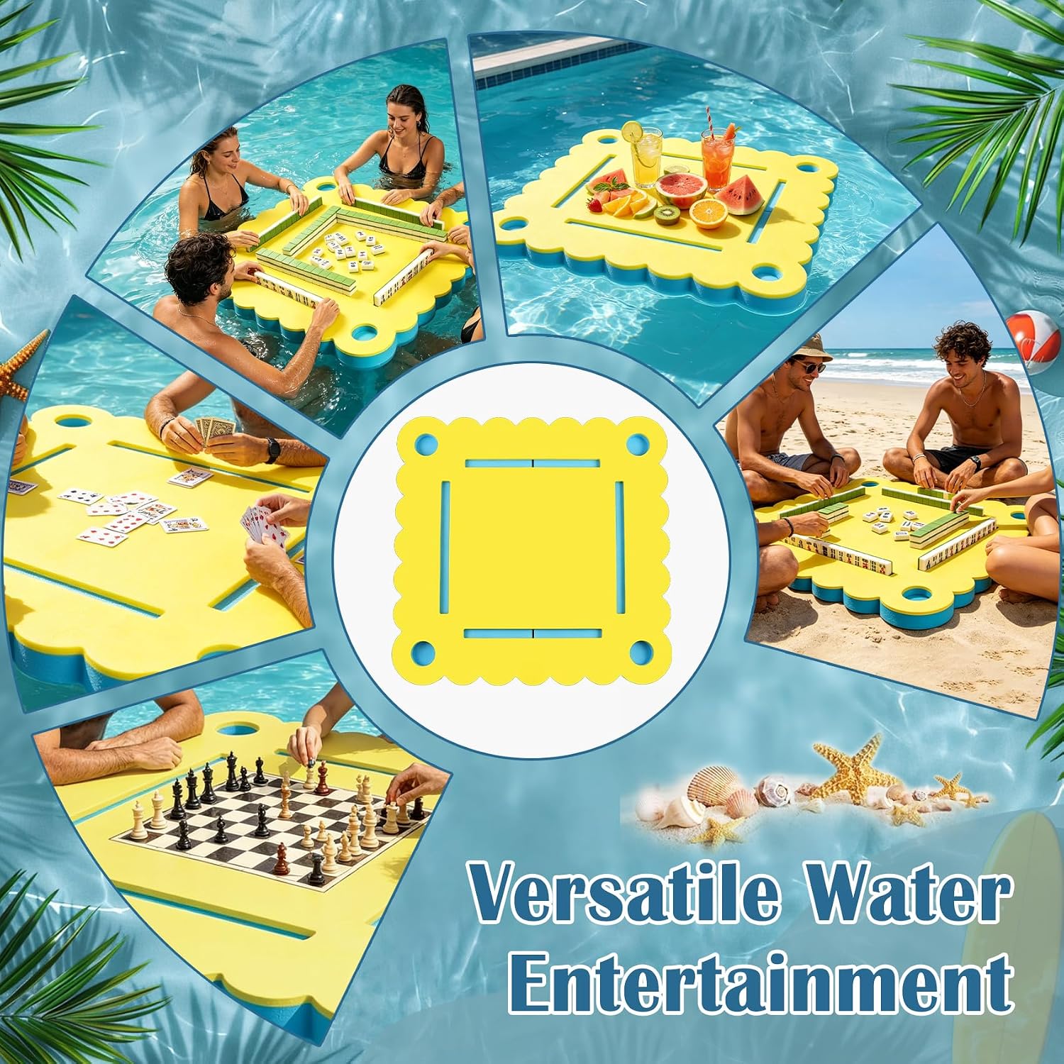 36" Foldable Floating Mahjong Table for Pool, 3-in-1 Foam Board Game Mat | 1.96" ultra-thick waterproof EVA desk features non-slip card slots, fast-drying surface & party tray function for adults