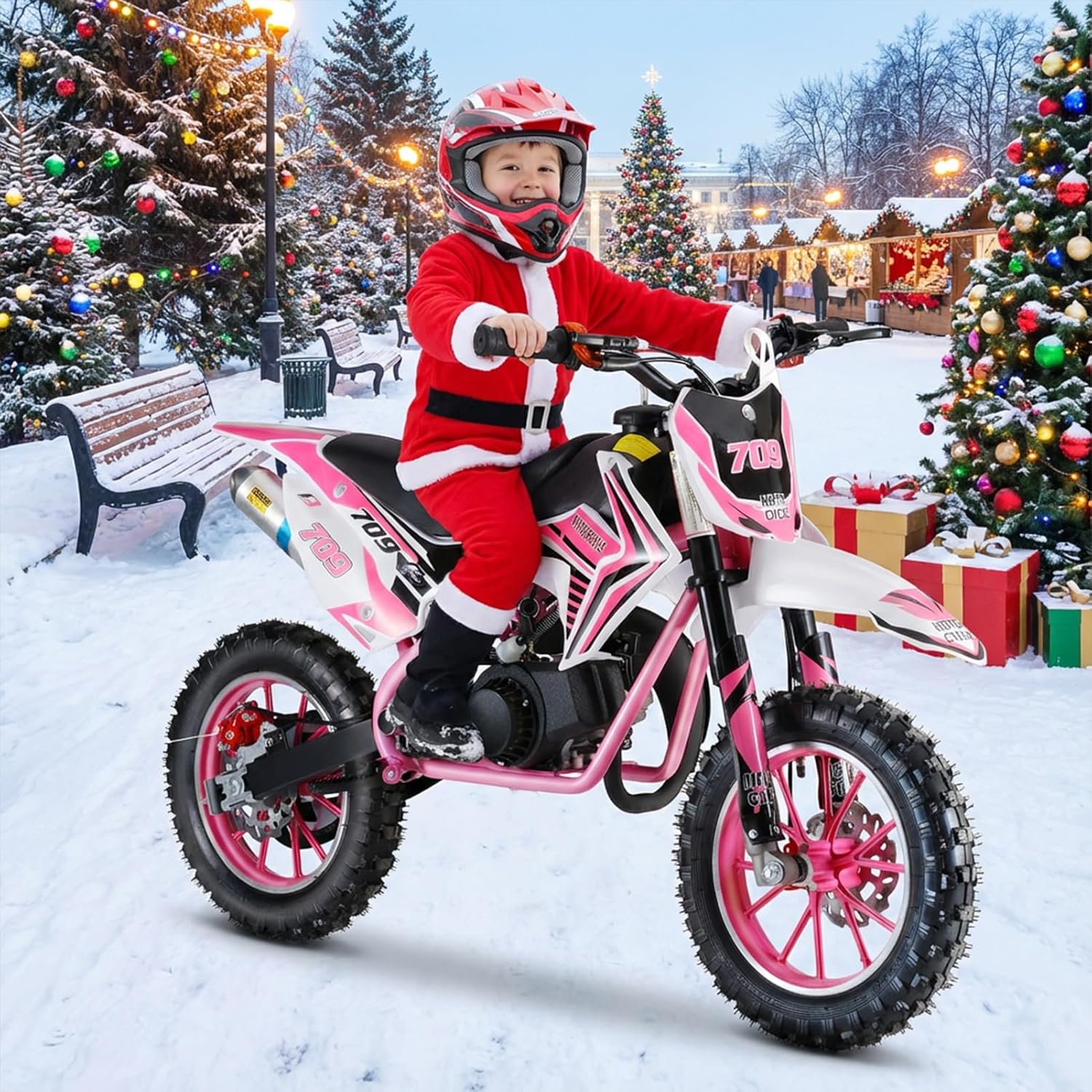 PERZOE 49cc 2-Stroke Gas Power Motocross Dirt Bike for Kids - Front Rear Disc Brakes, Mini Motorcycle Pocket Motorbike - Christmas, Halloween, Birthday Gifts - Pink