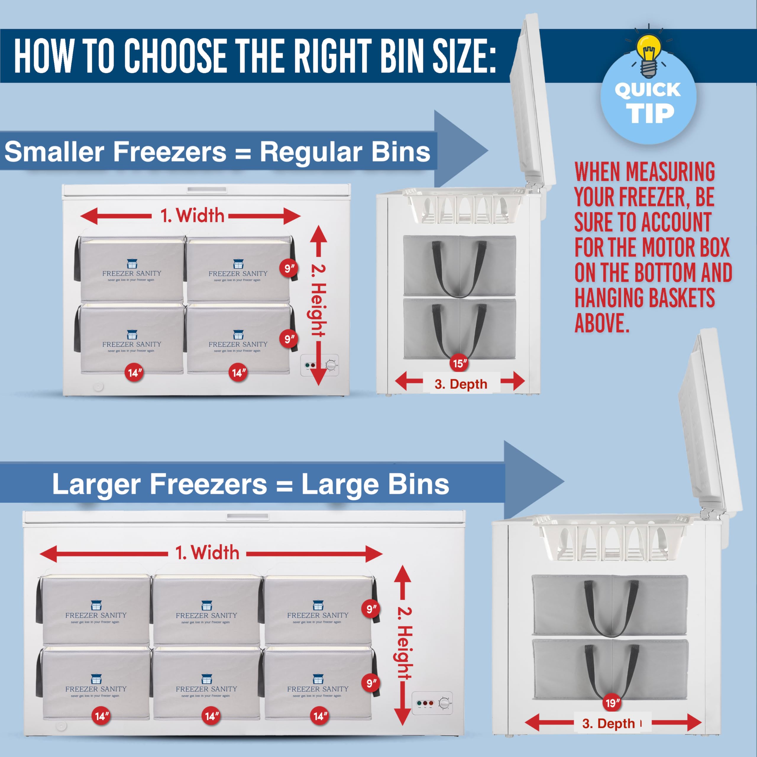 FREEZER SANITY The Original Chest Freezer Organizer Bins, Stackable Storage Organizers, Deep Freezer Dividers, Handles, Heavy-Duty, Waterproof (2 Pack Large 19x14x9)