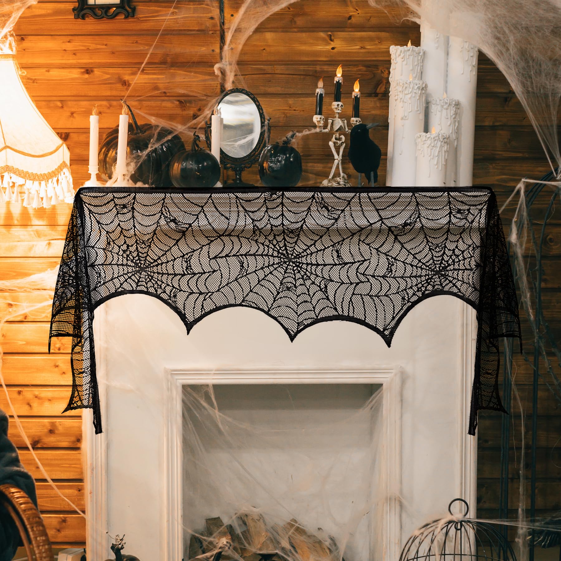 Décoration Halloween Toile D'araignée Noire Avec 20 LED Violettes - 45x243 Cm, Polyester - Pour Cheminée, Porte, écharpe