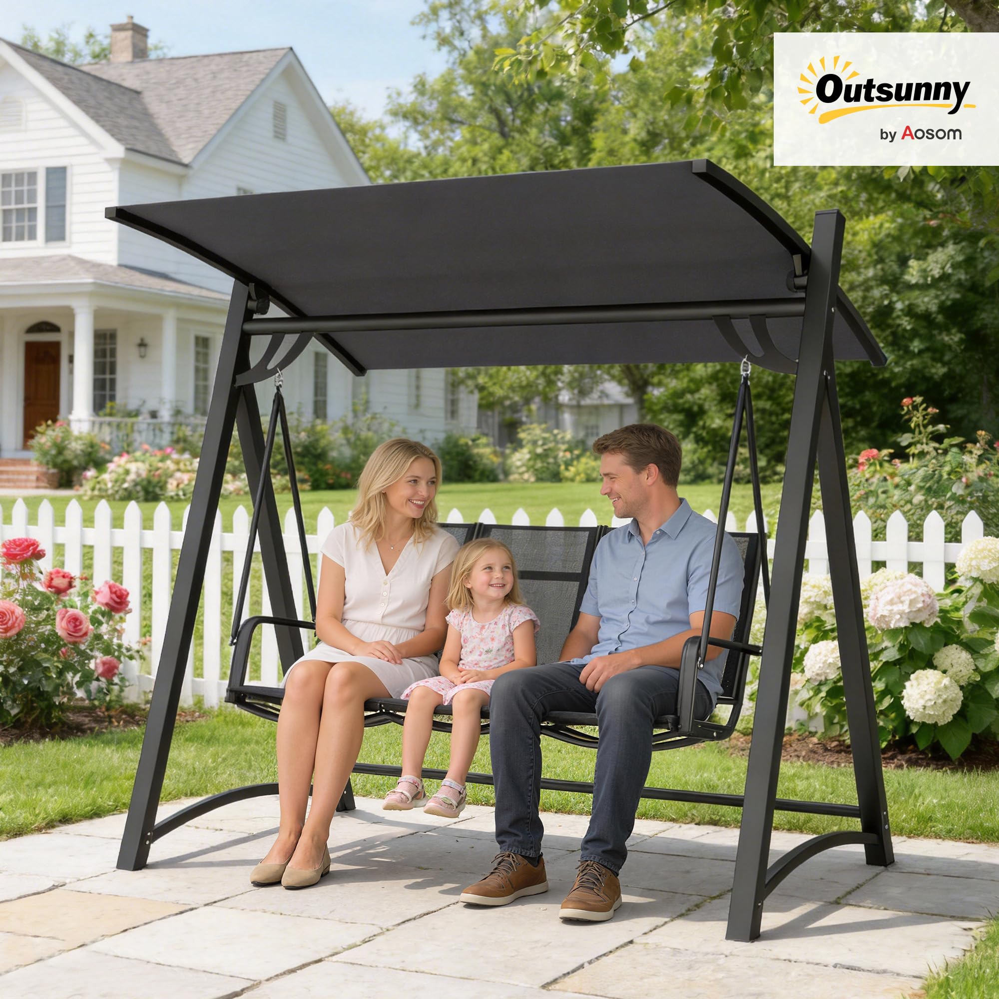 Outsunny Columpio de Jardín de 3 Plazas, Balancín de Jardín Exterior con Techo Ajustable, UPF50+, Asiento Transpirable y Marco de Metal, para Patio, Terraza, Carga 360 kg, 188x130x183 cm, Gris