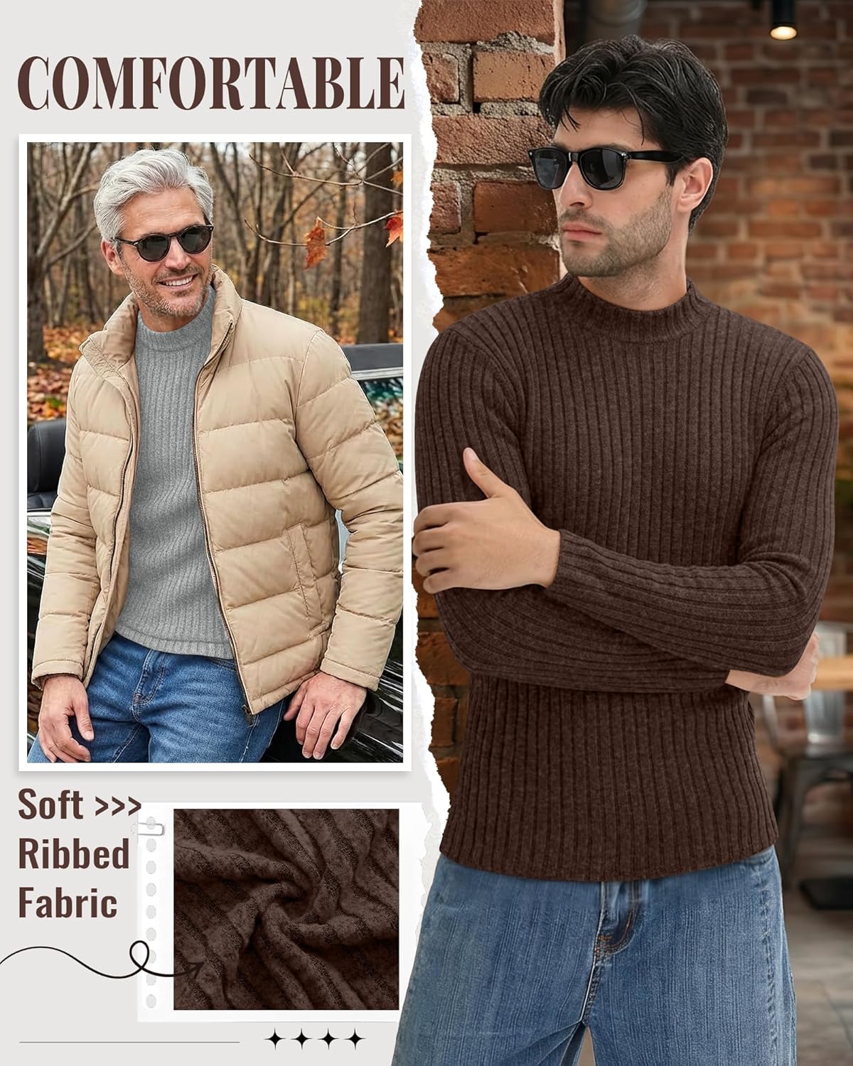 3 Pack Men's Mock Turtleneck Sweaters Long Sleeve Ribbed Knit Shirts Slim Fit Casual Pullover Lightweight Layer - Image 3