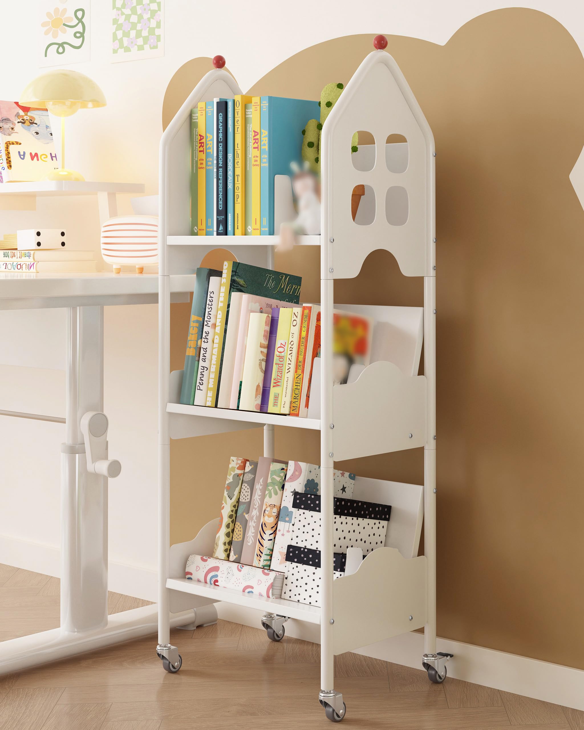 Noskox Kids Bookshelf with Wheels, 3-Tier Metal Book Cart